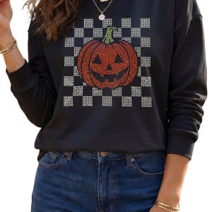 Women's Rhinestone Pumpkin Sweatshirt, Casual Black Top - Main View