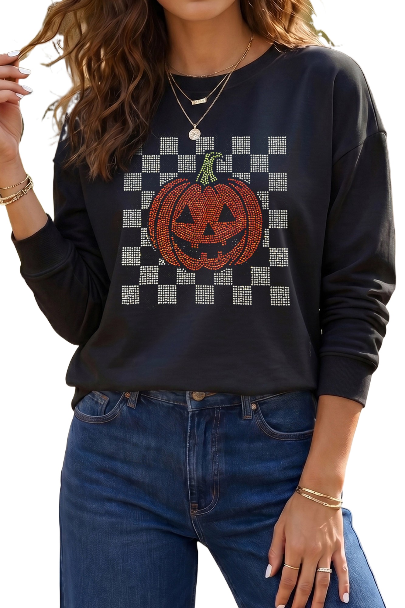 Women's Rhinestone Pumpkin Sweatshirt, Casual Black Top - Main View Women's Rhinestone Pumpkin Sweatshirt, Casual Black Top - Main View