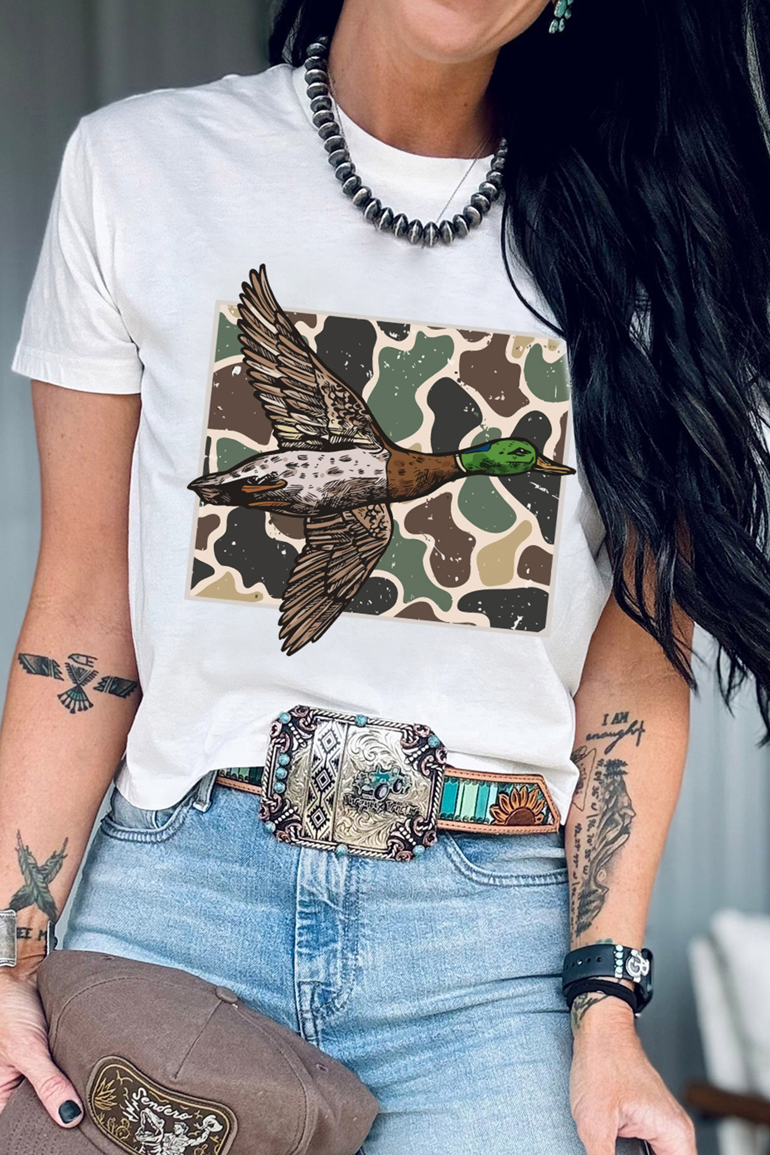 Camo Duck Print Short Sleeve Top, Casual Western Style Tee - Detail View 8 Camo Duck Print Short Sleeve Top, Casual Western Style Tee - Detail View 8