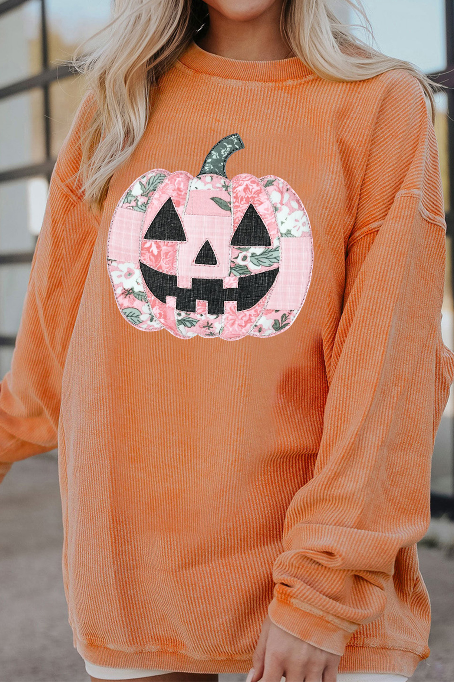Women's Ribbed Pumpkin Sweatshirt, Casual Daily Pullover - Detail View 7 Women's Ribbed Pumpkin Sweatshirt, Casual Daily Pullover - Detail View 7