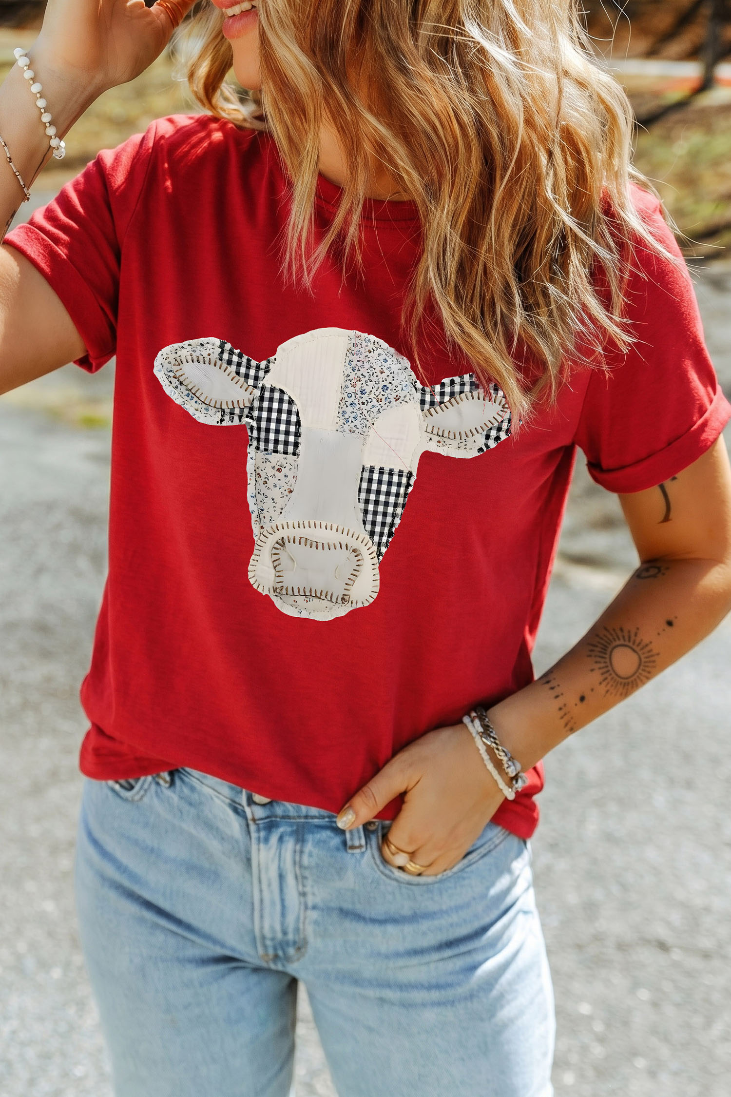 Red Patchwork Cow Print T Shirt, Western Style Casual Blouse - Detail View 5 Red Patchwork Cow Print T Shirt, Western Style Casual Blouse - Detail View 5