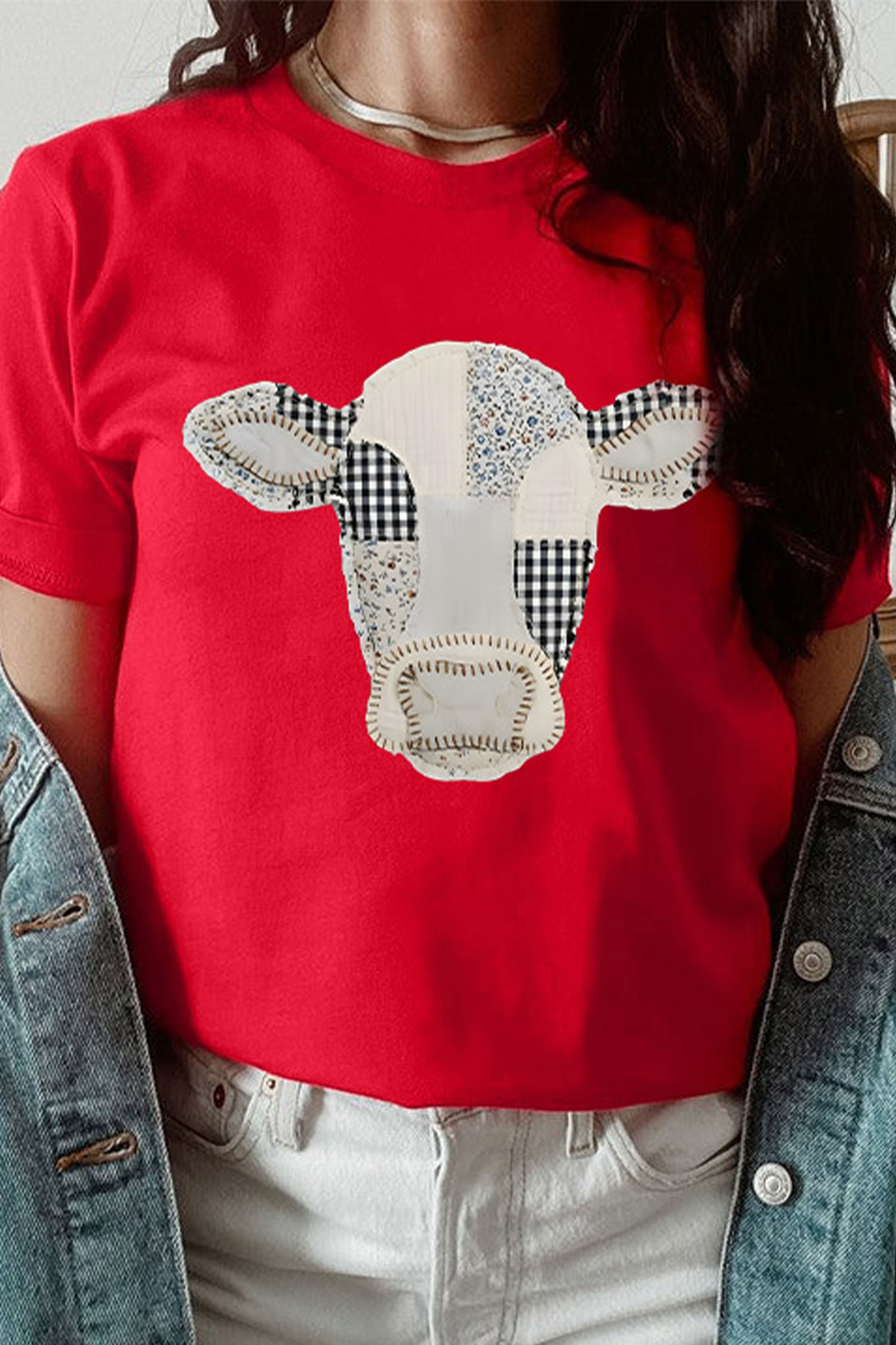 Women's Western Cow Graphic Tee, Casual Red Short Sleeve Top - Detail View 7 Women's Western Cow Graphic Tee, Casual Red Short Sleeve Top - Detail View 7