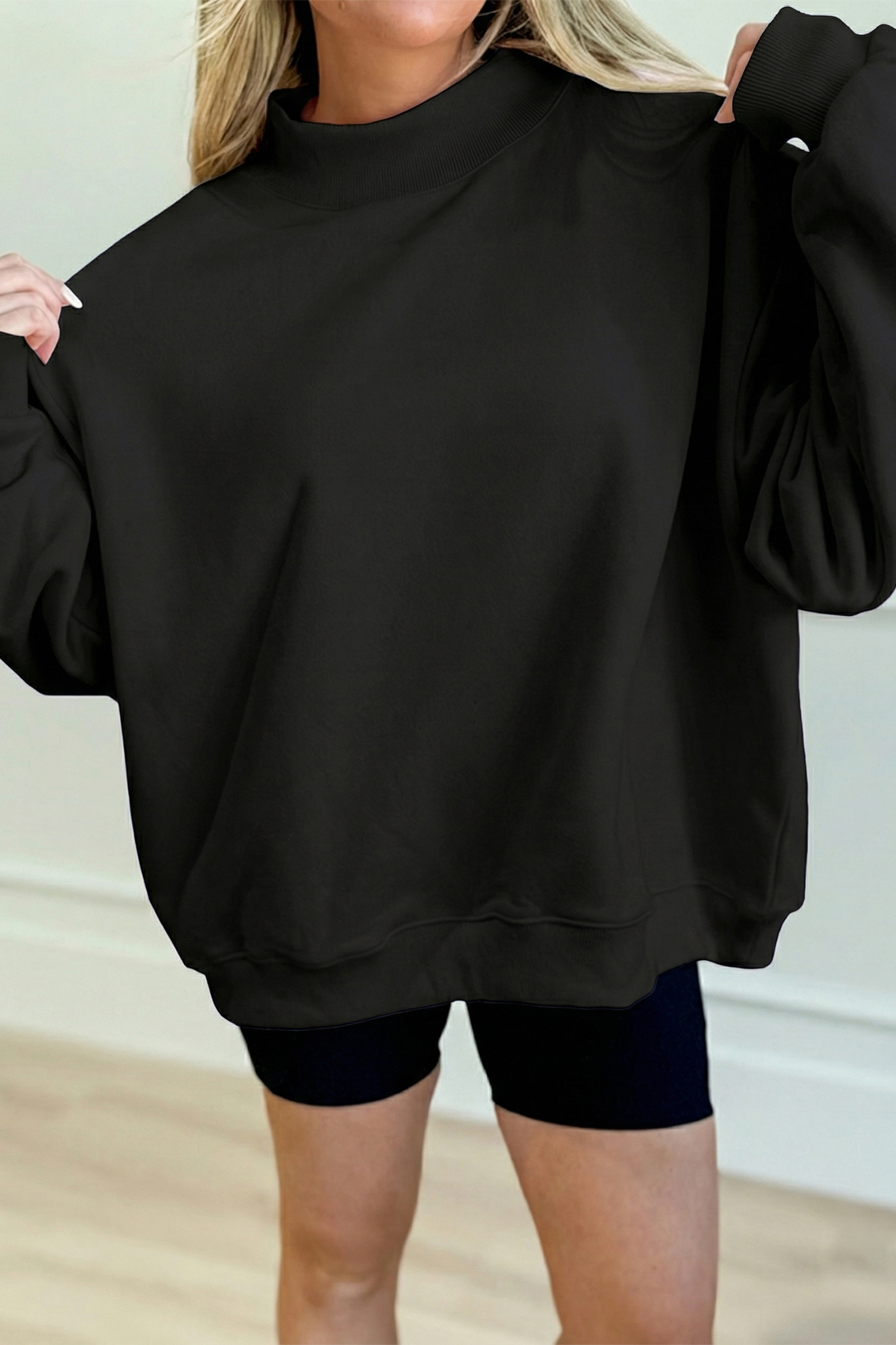 Fall Black Mock Neck Top, Women's Casual Long Sleeve Shirt - Detail View 3 Fall Black Mock Neck Top, Women's Casual Long Sleeve Shirt - Detail View 3