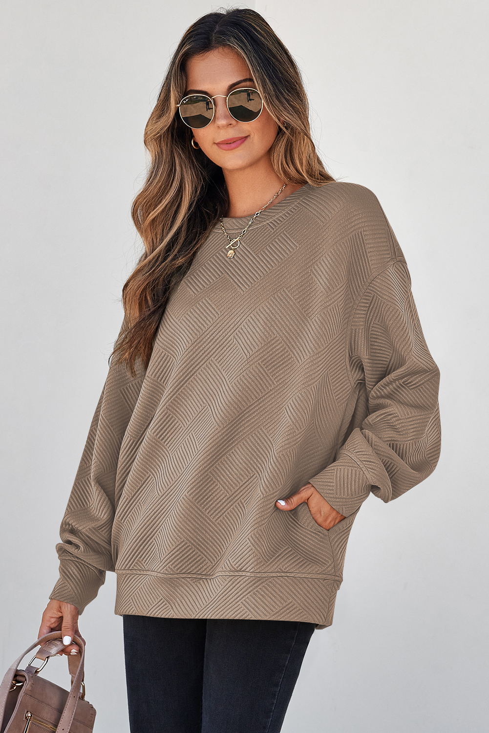 Women's Long Sleeve Pullover, Solid Khaki Textured Shirt - Detail View 3 Women's Long Sleeve Pullover, Solid Khaki Textured Shirt - Detail View 3