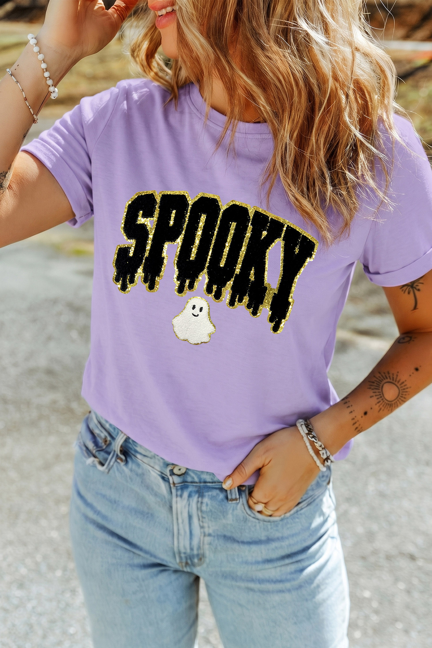 Women's Halloween Tee, Casual Spooky Ghost Round Neck Shirt - Detail View 7 Women's Halloween Tee, Casual Spooky Ghost Round Neck Shirt - Detail View 7