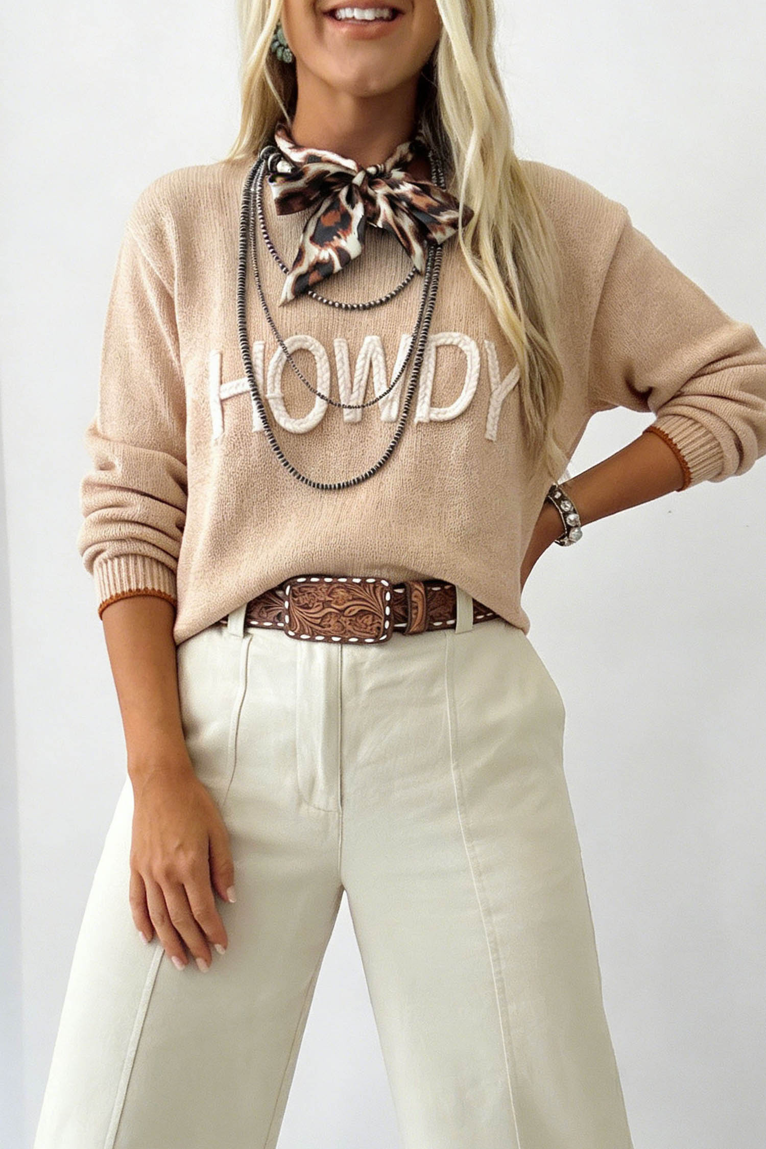 Casual Howdy Letter Sweater, Women's Long Sleeve Fall Pullover - Detail View 3 Casual Howdy Letter Sweater, Women's Long Sleeve Fall Pullover - Detail View 3