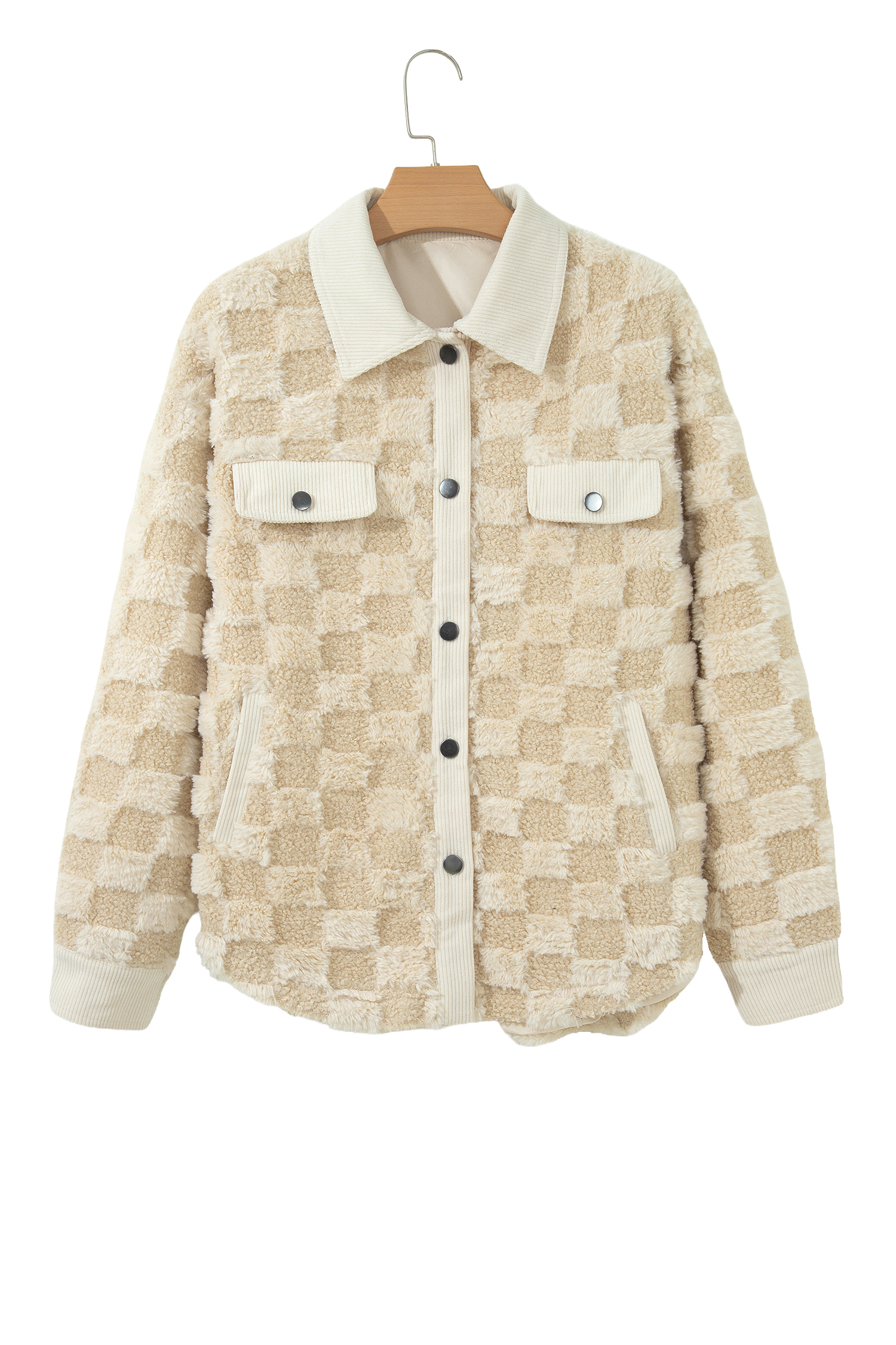 Checkered Sherpa Shacket, Casual Long Sleeve Fall Jacket - Detail View 5 Checkered Sherpa Shacket, Casual Long Sleeve Fall Jacket - Detail View 5