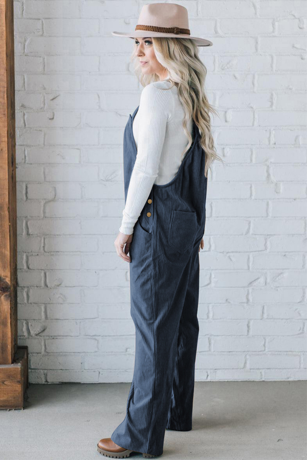 Soft Corduroy Jumpsuit, Women Teal Comfort Overall - Detail View 3 Soft Corduroy Jumpsuit, Women Teal Comfort Overall - Detail View 3