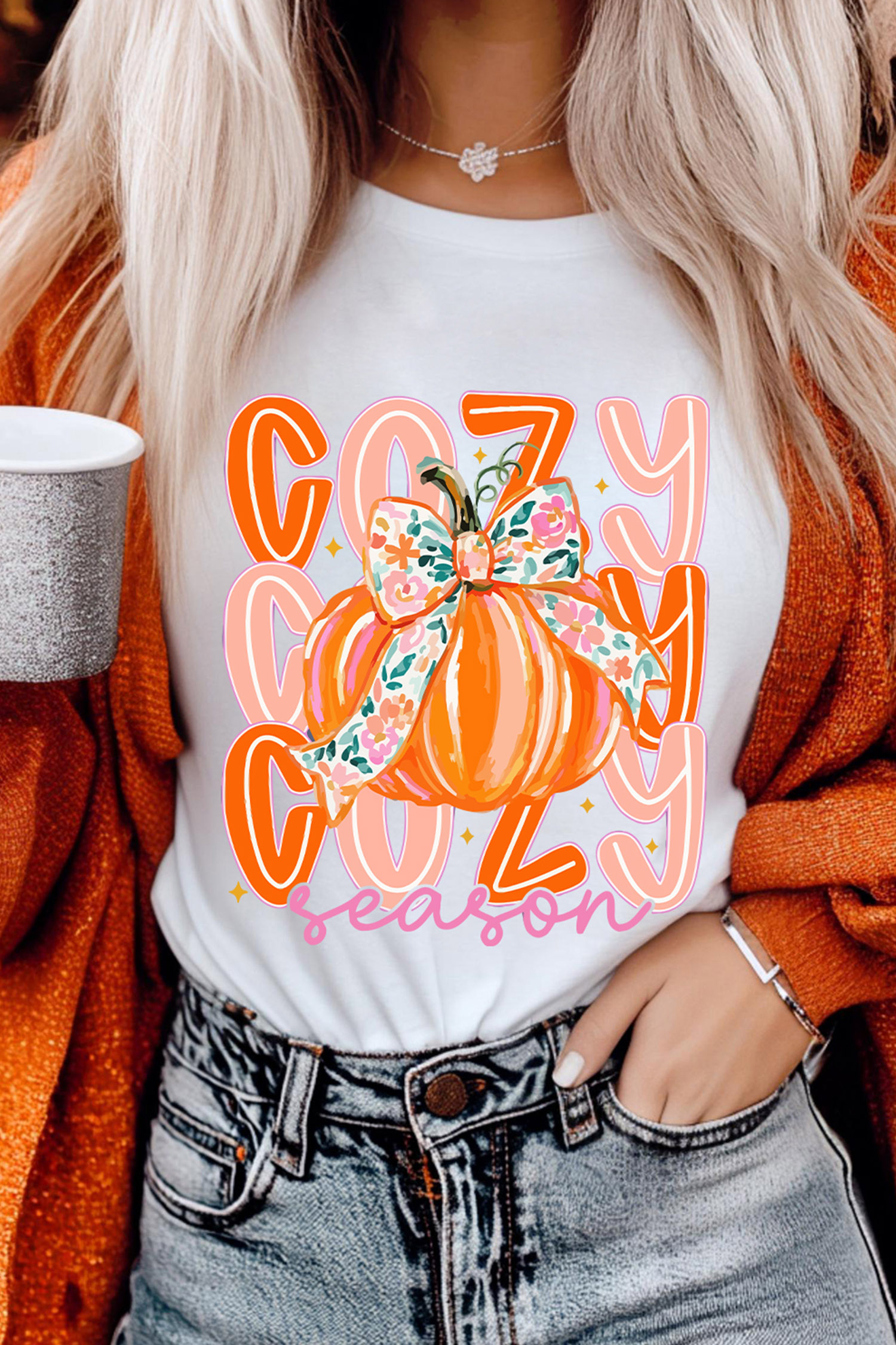 Soft Cotton Blend Pumpkin Tee, Comfort Women Round Neck Top - Detail View 3 Soft Cotton Blend Pumpkin Tee, Comfort Women Round Neck Top - Detail View 3