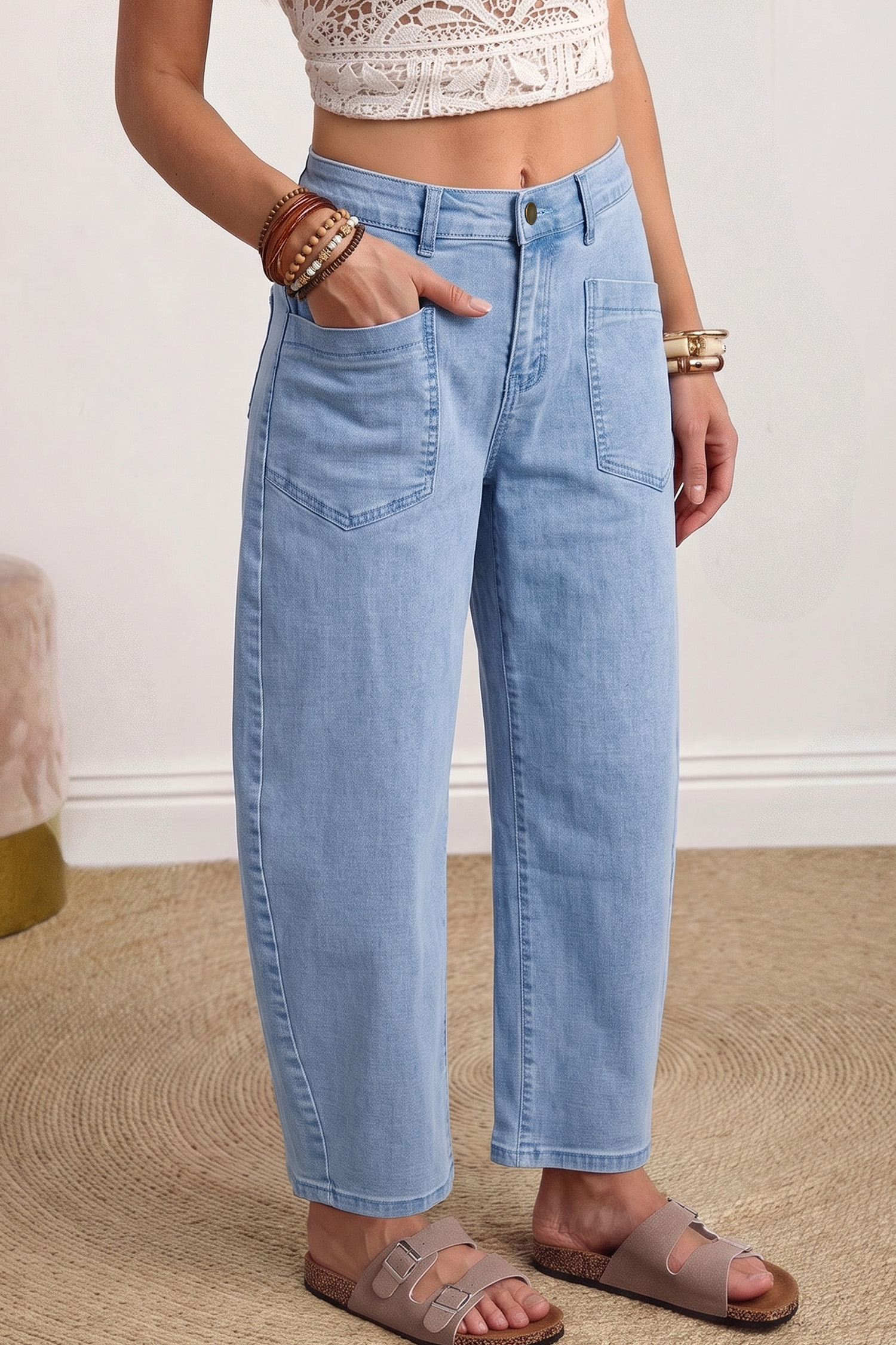 Women's Denim Barrel Pants, Solid Color Patch Pocket Jeans - Detail View 3 Women's Denim Barrel Pants, Solid Color Patch Pocket Jeans - Detail View 3