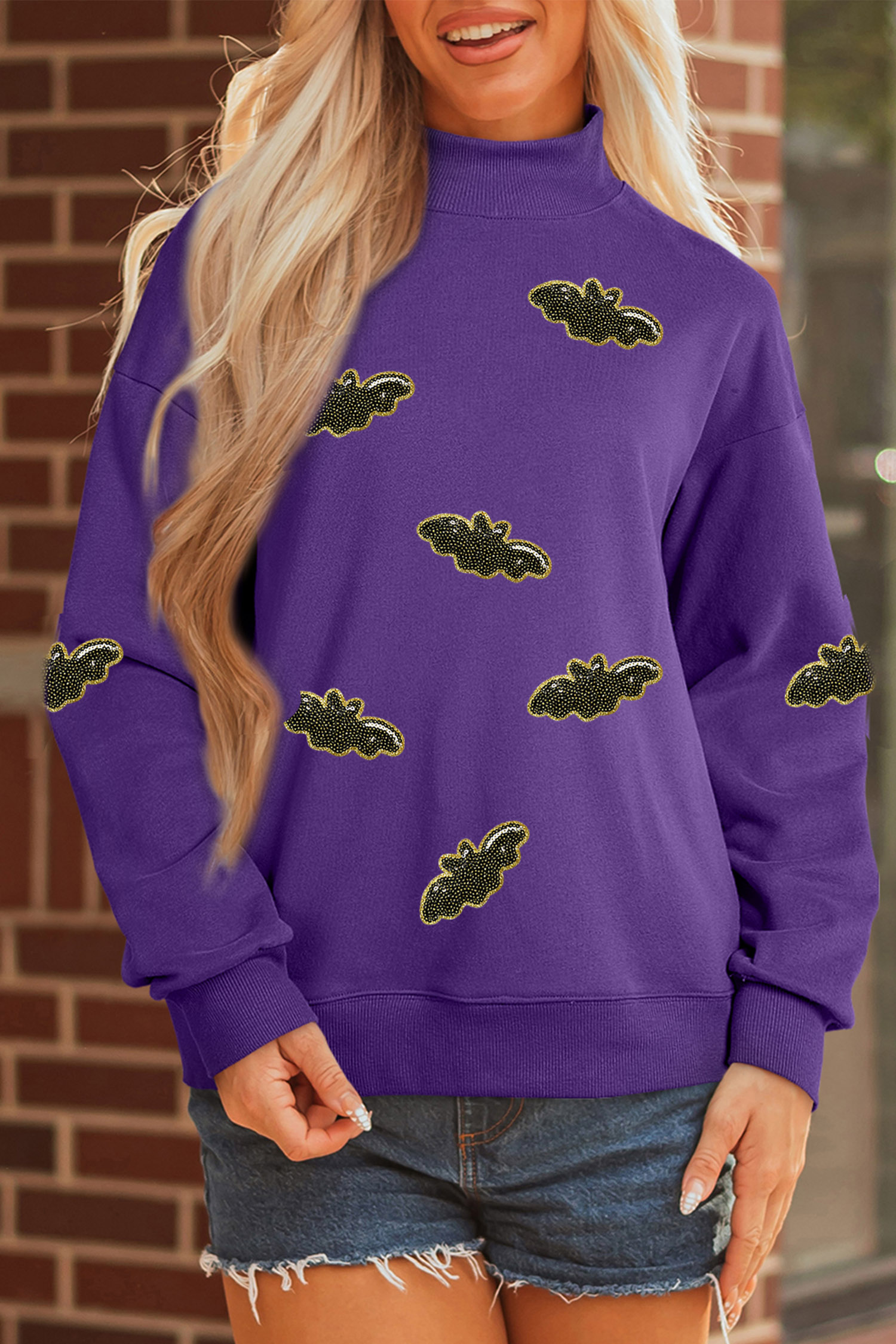 Women's Bat Graphic Sweatshirt, Purple Sequin Mock Neck Top - Detail View 7 Women's Bat Graphic Sweatshirt, Purple Sequin Mock Neck Top - Detail View 7
