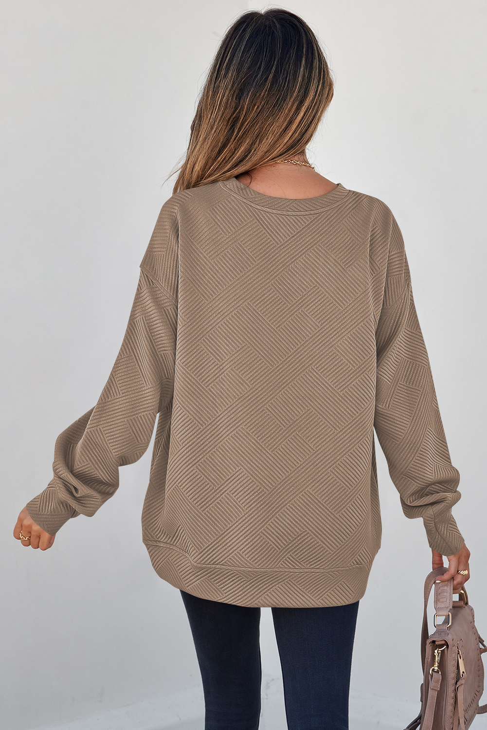 Textured Round Neck Sweatshirt, Women's Drop Shoulder Top - Detail View 2 Textured Round Neck Sweatshirt, Women's Drop Shoulder Top - Detail View 2