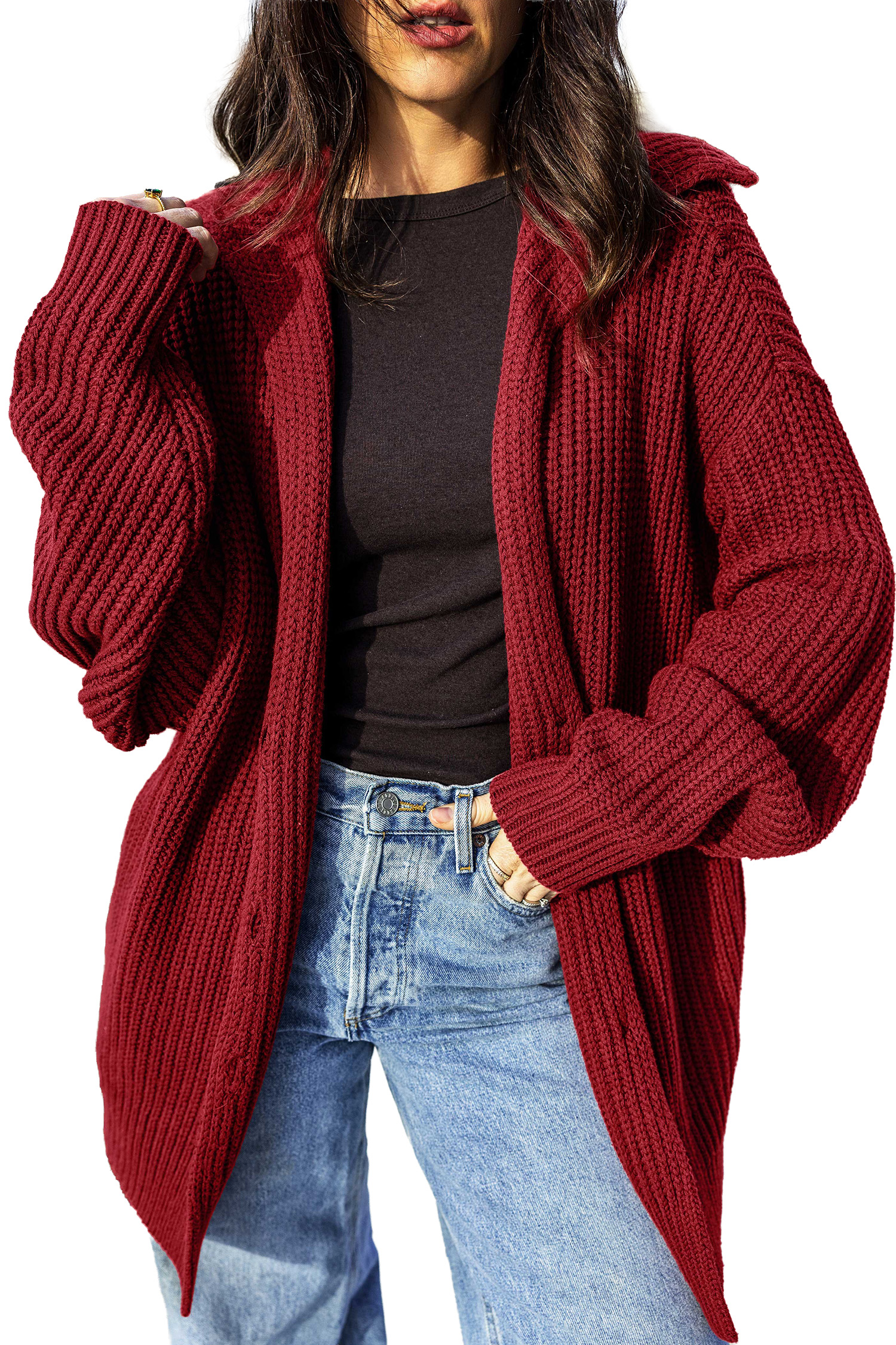 Women's Red Dahlia Cardigan, Oversized Button Front Knit - Main View Women's Red Dahlia Cardigan, Oversized Button Front Knit - Main View