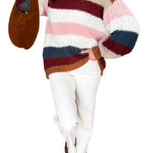HOME Women's Striped Knit Sweater, Casual Round Neck Pullover - Main View