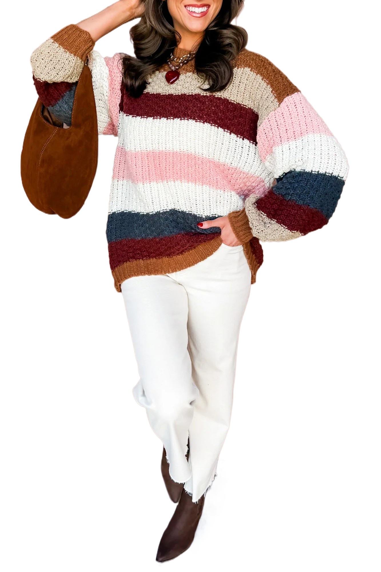 Women's Striped Knit Sweater, Casual Round Neck Pullover - Main View Women's Striped Knit Sweater, Casual Round Neck Pullover - Main View