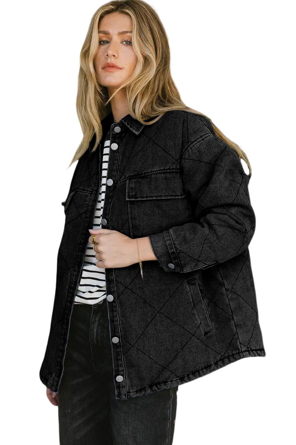 Women's Rhombus Denim Jacket, Casual Fall Button Coat - Main View Women's Rhombus Denim Jacket, Casual Fall Button Coat - Main View