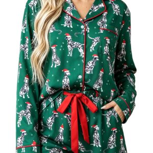 Women's Christmas Pajama Set, Green Dog Print Lounge Wear - Main View
