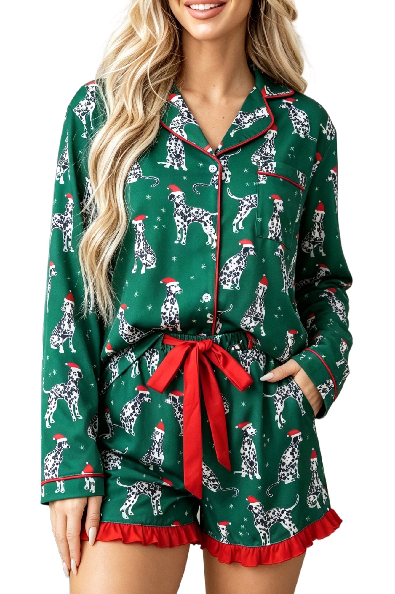 Women's Christmas Pajama Set, Green Dog Print Lounge Wear - Main View Women's Christmas Pajama Set, Green Dog Print Lounge Wear - Main View