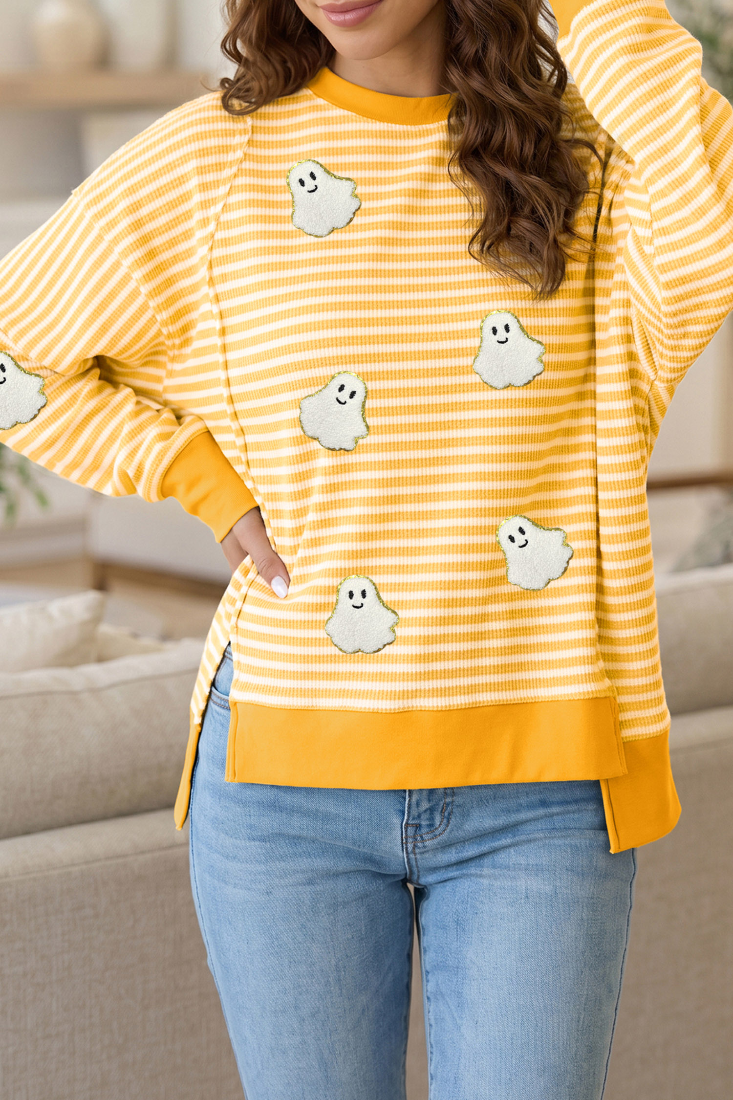 Women's Soft Stripe Pullover, Halloween Ghost Patch Top - Detail View 6 Women's Soft Stripe Pullover, Halloween Ghost Patch Top - Detail View 6