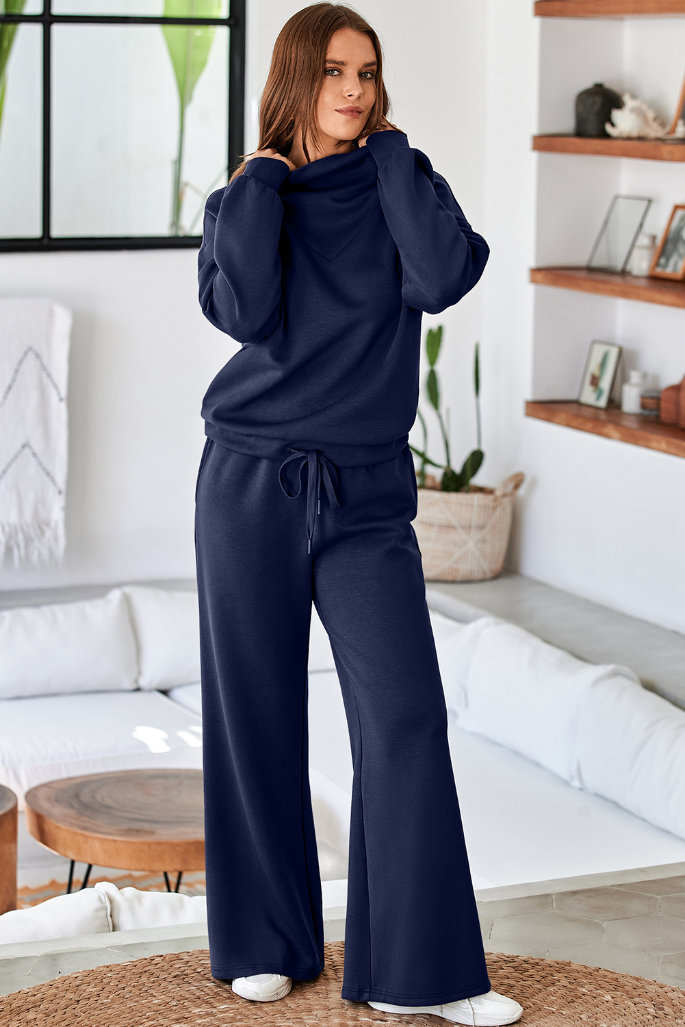 Women's Wide Leg Pants Set, Drawstring Pullover Suit - Detail View 5 Women's Wide Leg Pants Set, Drawstring Pullover Suit - Detail View 5