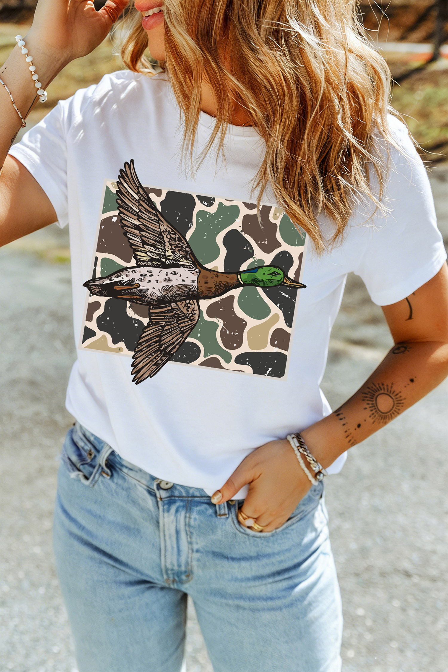 Western Graphic Mallard T-Shirt, Soft Round Neck Casual Top - Detail View 6 Western Graphic Mallard T-Shirt, Soft Round Neck Casual Top - Detail View 6