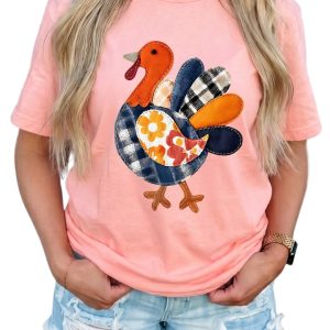 HOME Women's Pink Turkey T-Shirt, Casual Fall Graphic Tee - Main View