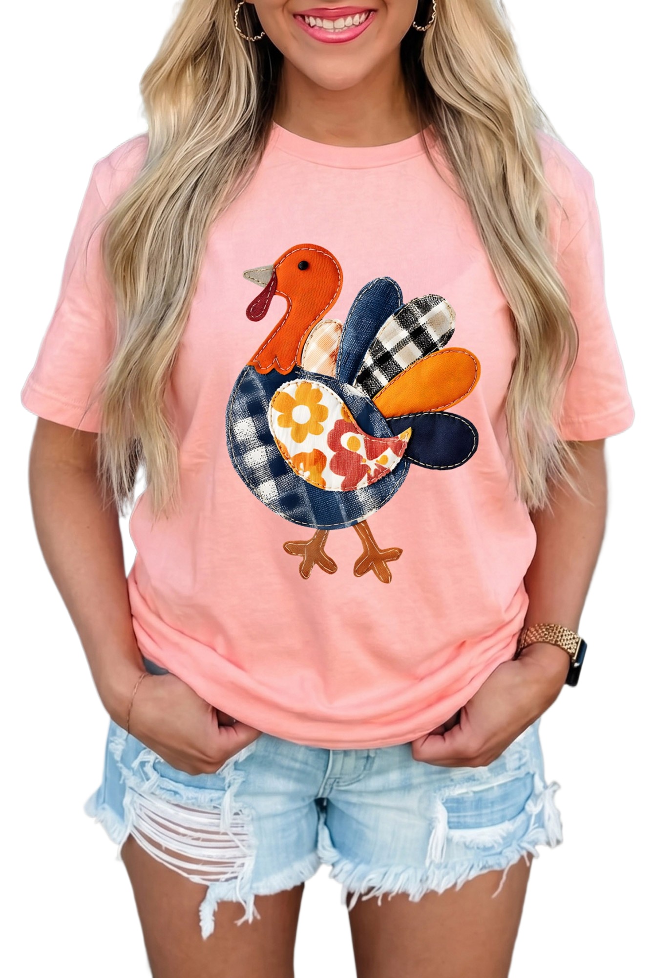 Women's Pink Turkey T-Shirt, Casual Fall Graphic Tee - Main View Women's Pink Turkey T-Shirt, Casual Fall Graphic Tee - Main View