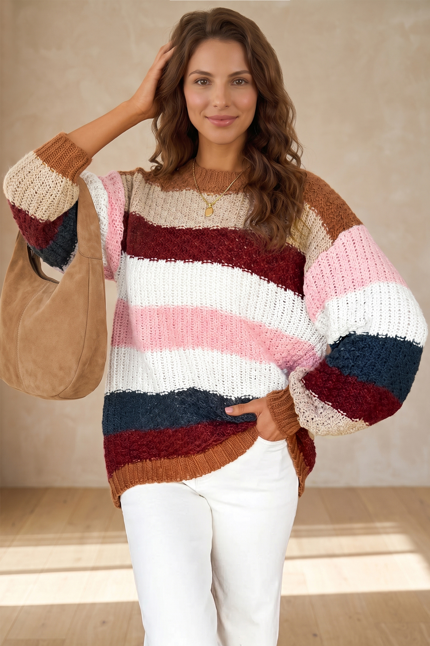 Fall Knit Striped Sweater, Women's Loose Casual Pullover - Detail View 3 Fall Knit Striped Sweater, Women's Loose Casual Pullover - Detail View 3