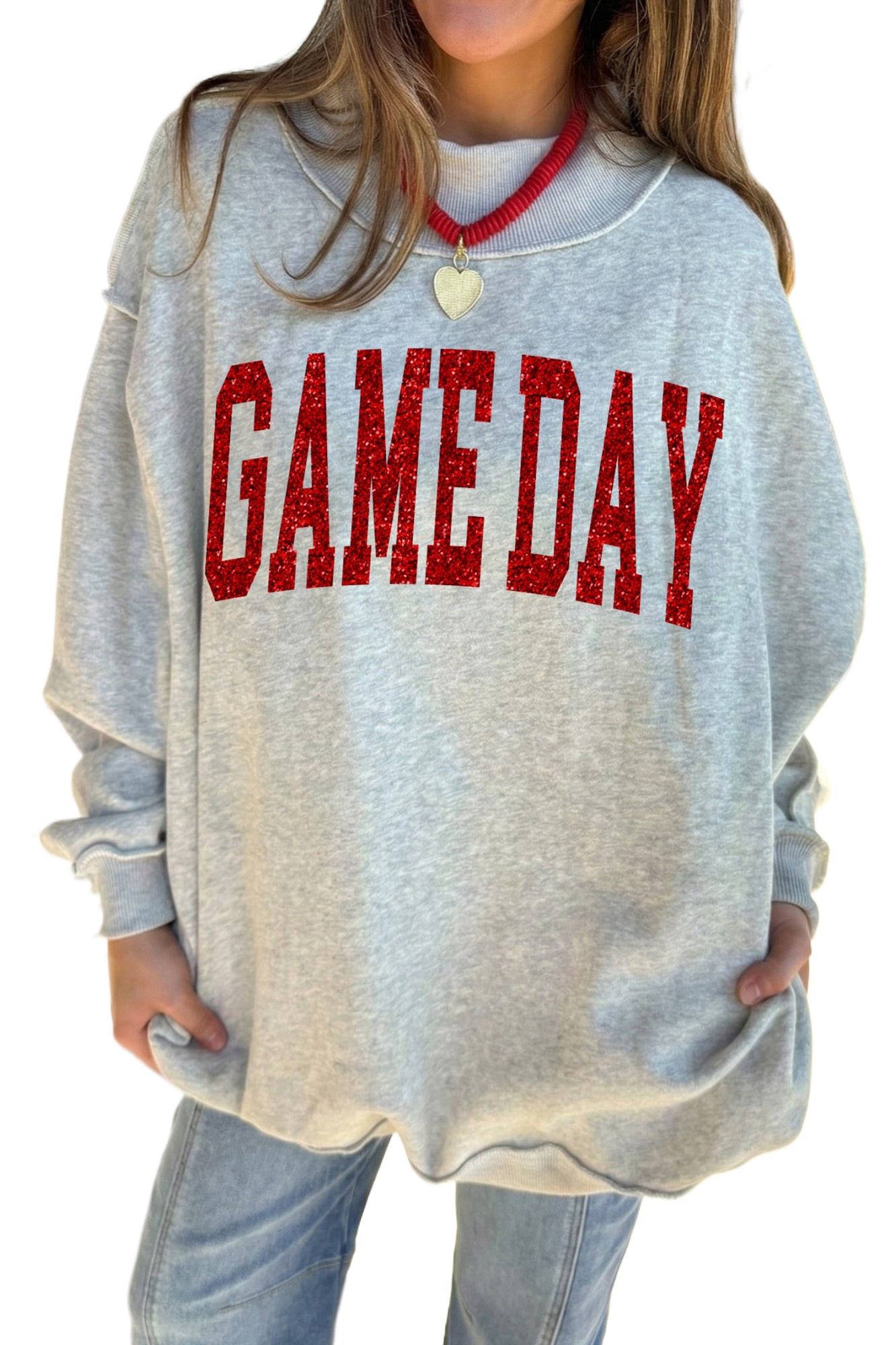 Women's Game Day Sweatshirt, Mock Neck Glitter Graphic - Main View Women's Game Day Sweatshirt, Mock Neck Glitter Graphic - Main View