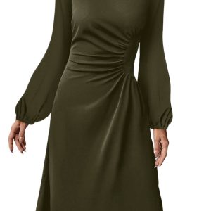 Green Ruched Long Sleeve Midi Dress, Elegant Women Daily - Main View