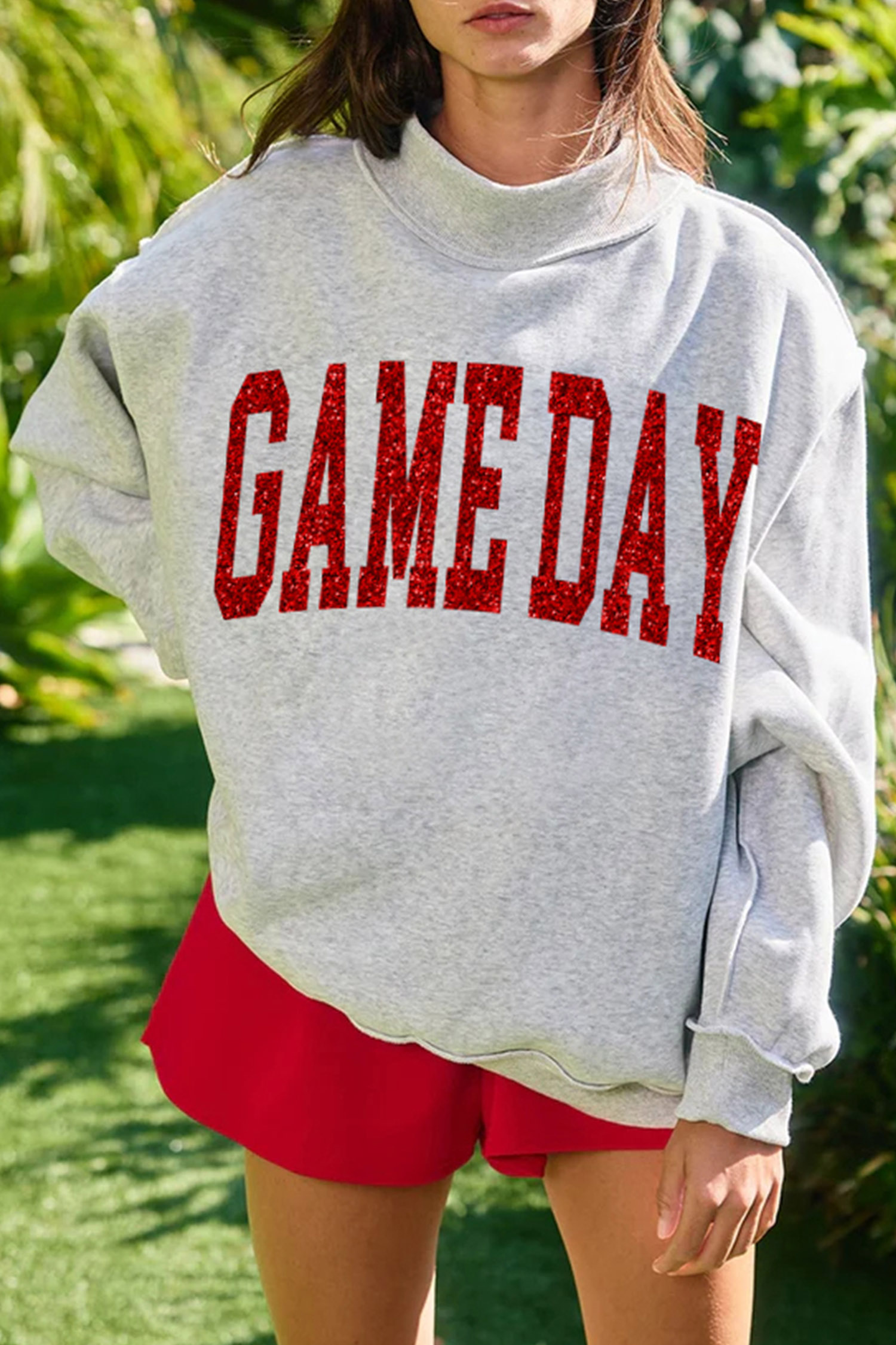 Glitter Letter Graphic Pullover, Women's Mock Neck Top - Detail View 5 Glitter Letter Graphic Pullover, Women's Mock Neck Top - Detail View 5