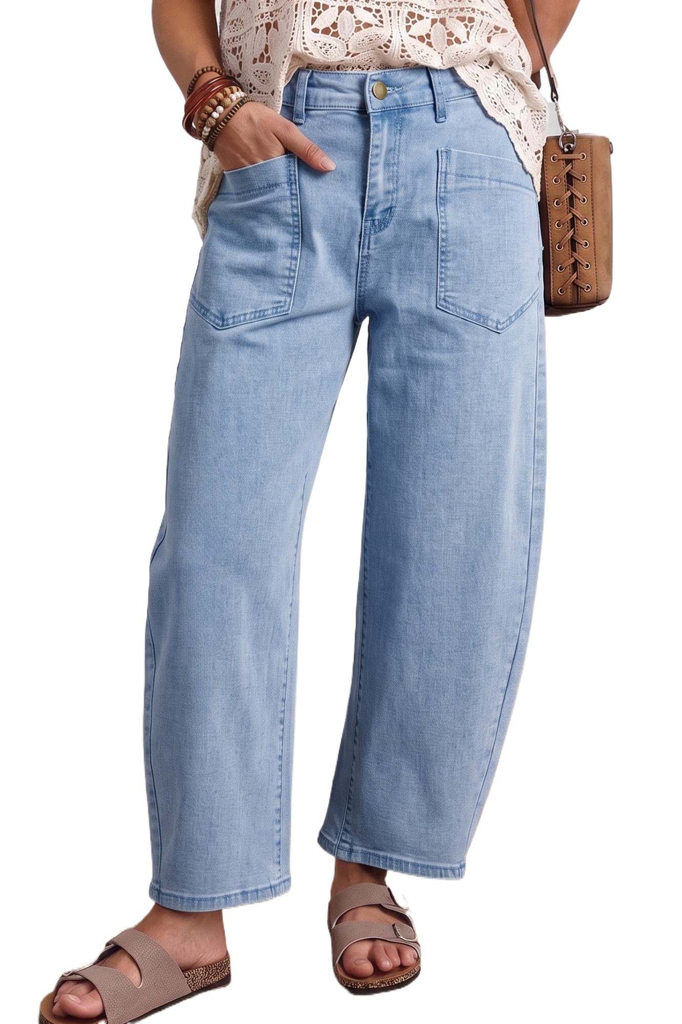 Women's Barrel Jeans, Beau Blue Patch Pocket Denim Pants - Main View Women's Barrel Jeans, Beau Blue Patch Pocket Denim Pants - Main View