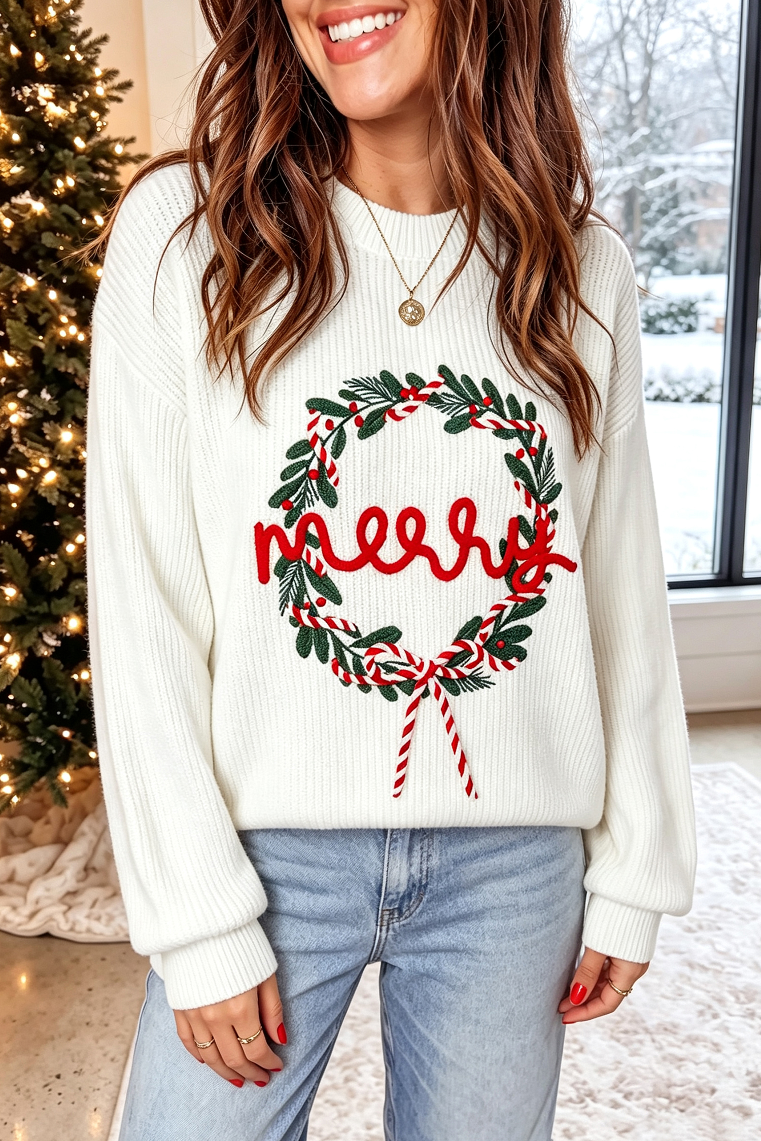 Women's Soft Knit Christmas Sweater, Cozy Round Neck - Detail View 3 Women's Soft Knit Christmas Sweater, Cozy Round Neck - Detail View 3