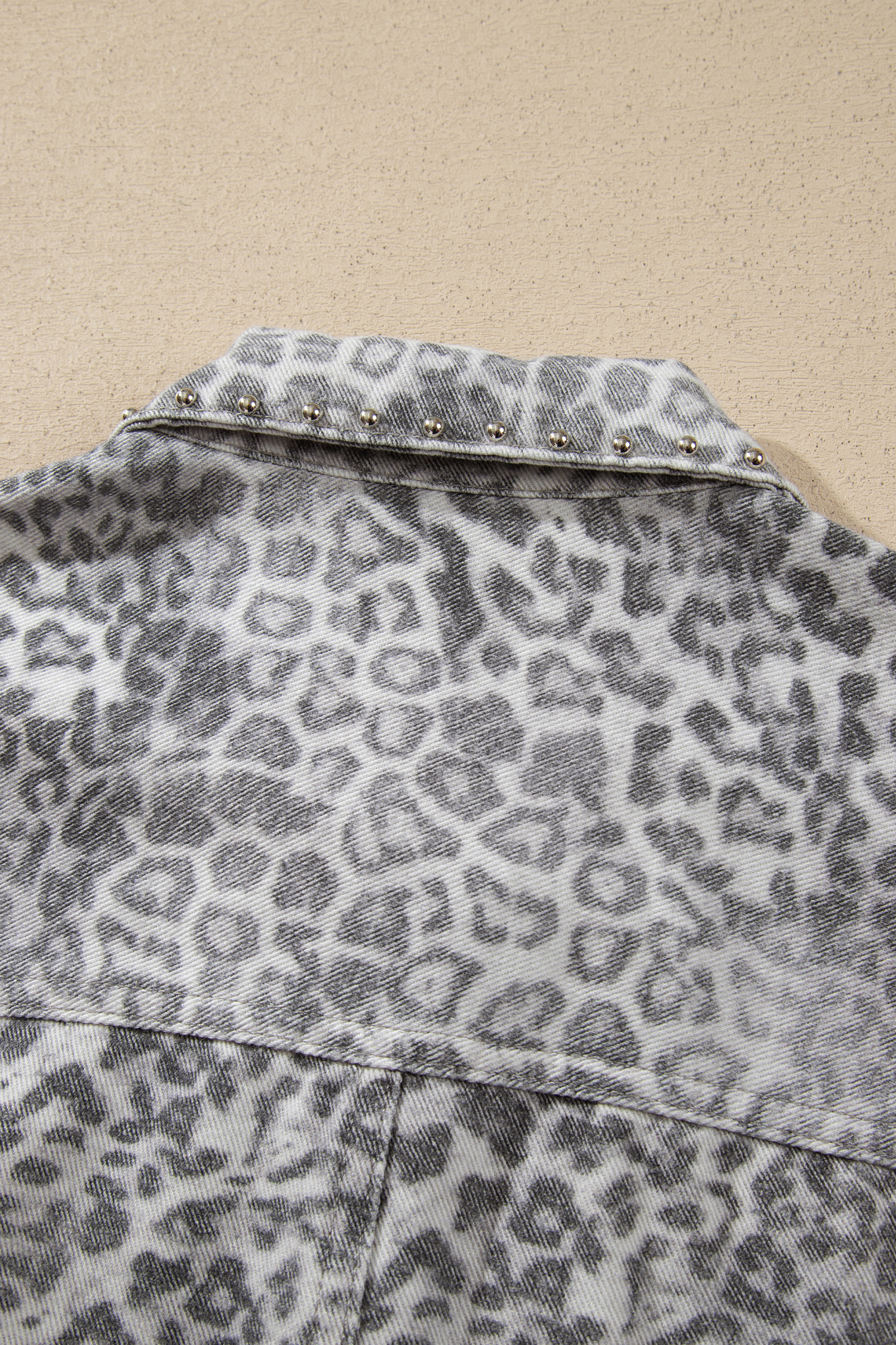 Women's Leopard Denim Jacket, Casual Studded Outerwear - Detail View 10 Women's Leopard Denim Jacket, Casual Studded Outerwear - Detail View 10