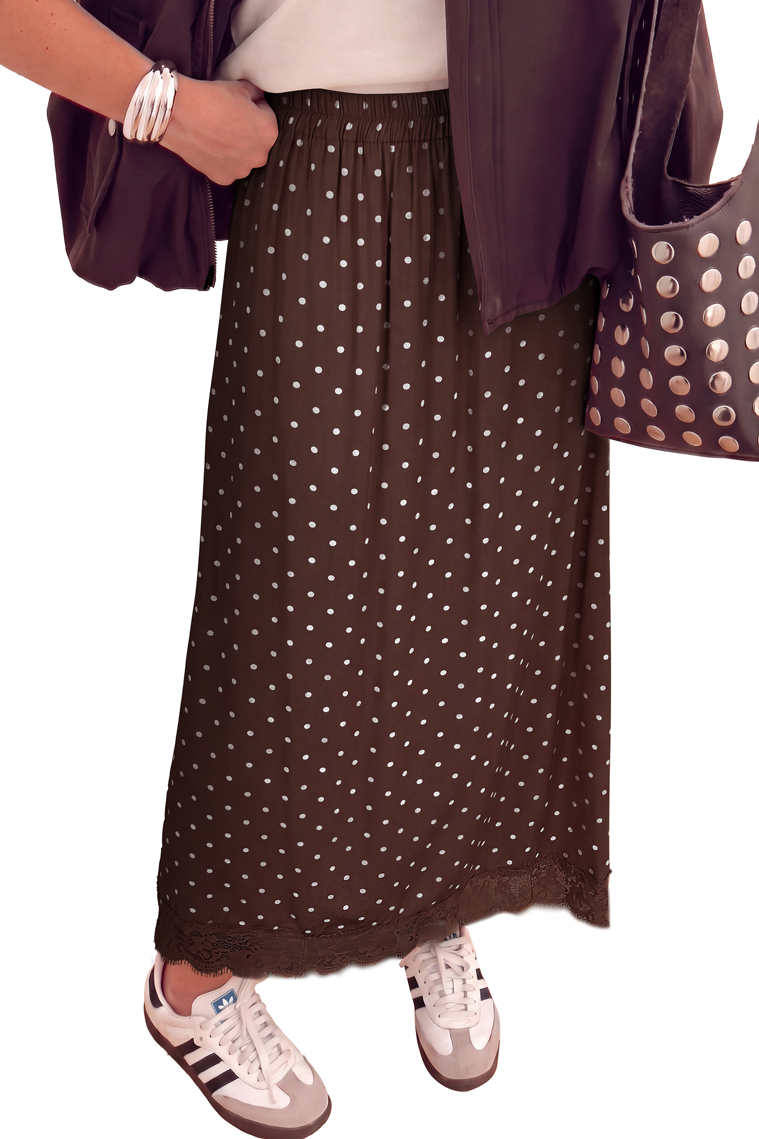 Brown Polka Dot Women's Long Skirt, Casual Daily Wear - Main View Brown Polka Dot Women's Long Skirt, Casual Daily Wear - Main View