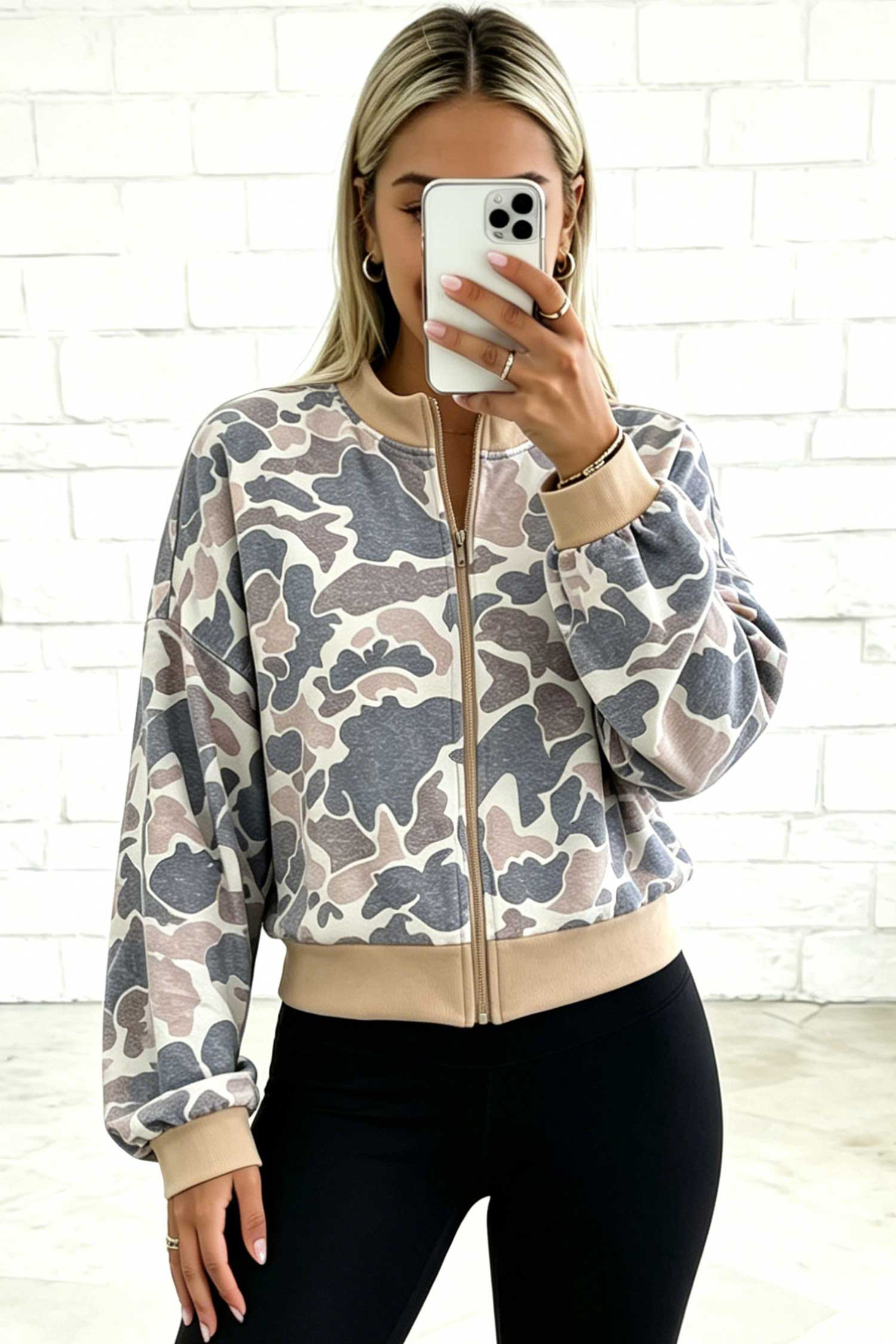 Zip Stand Neck Sweatshirt, Cozy Women's Camo Bomber - Detail View 3 Zip Stand Neck Sweatshirt, Cozy Women's Camo Bomber - Detail View 3