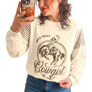 Women's Western Graphic Long Sleeve, Casual Round Neck Top - Main View