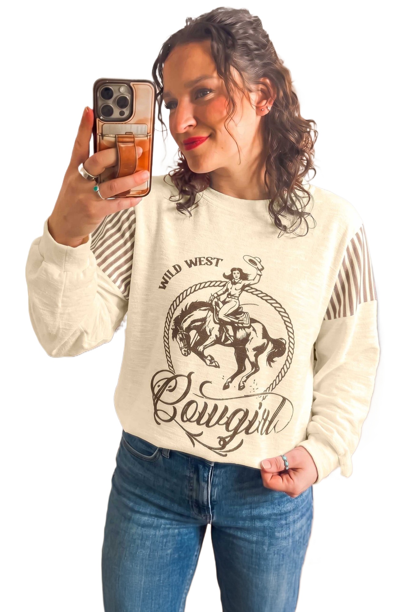 Women's Western Graphic Long Sleeve, Casual Round Neck Top - Main View Women's Western Graphic Long Sleeve, Casual Round Neck Top - Main View