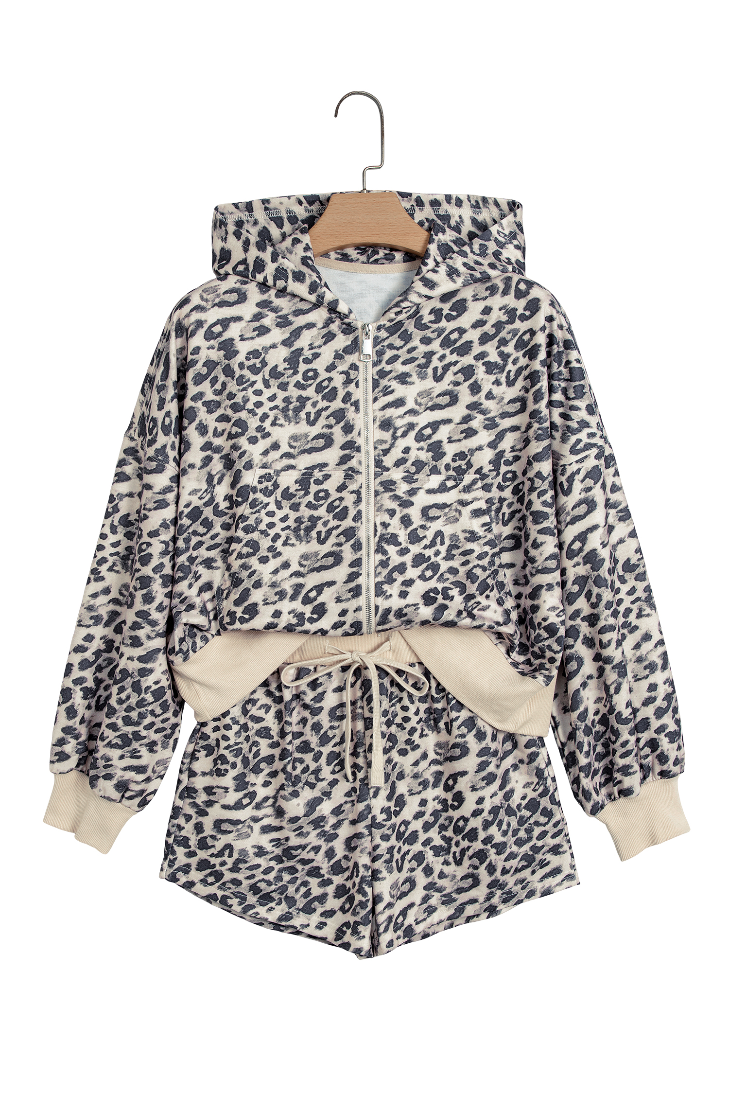 Women's Cozy Leopard Zip Up Short Set, Stretch Lounge Set - Detail View 3 Women's Cozy Leopard Zip Up Short Set, Stretch Lounge Set - Detail View 3
