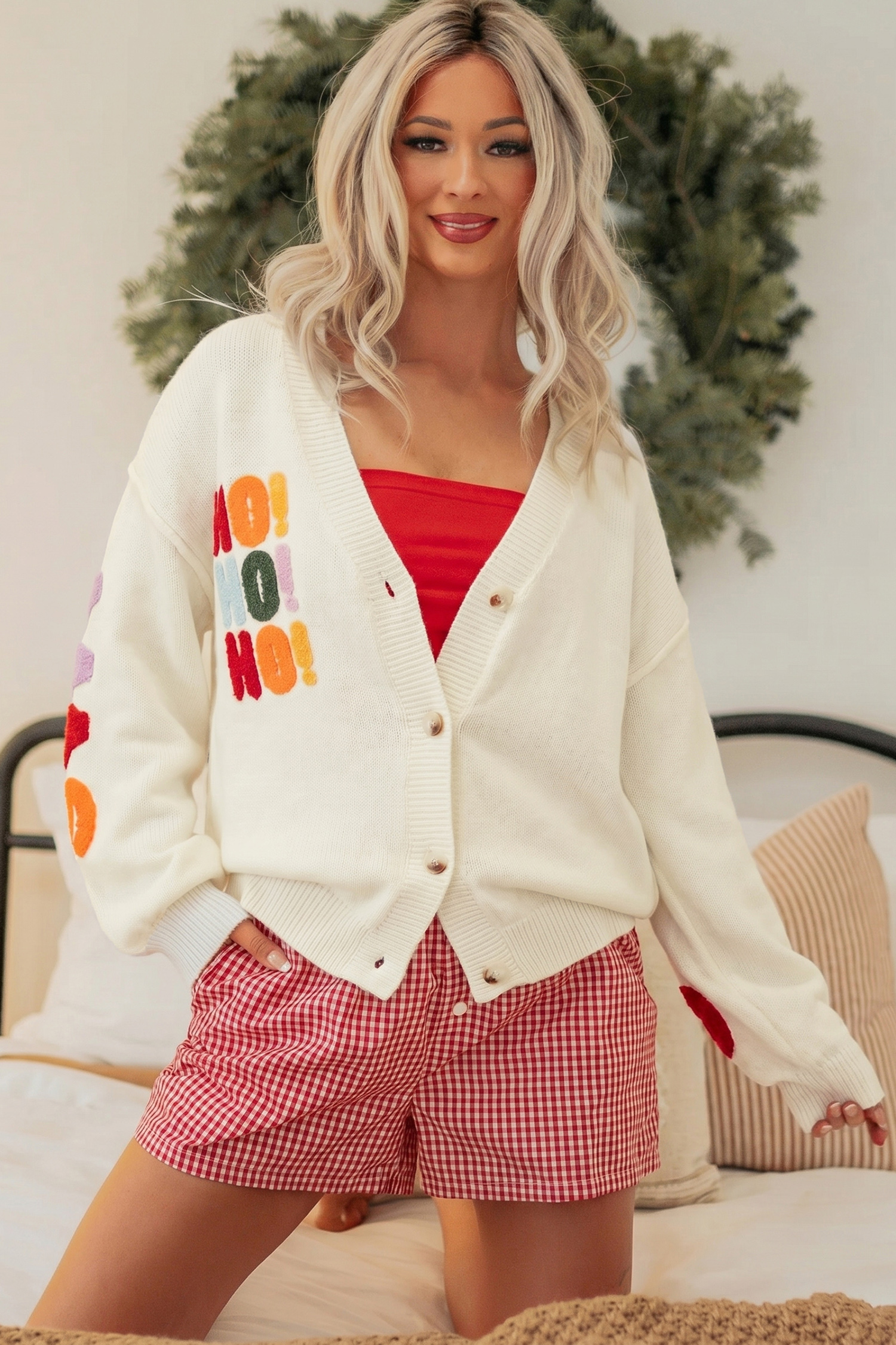 Women's Christmas Sweater, Embroidered Slogan Cardigan - Detail View 2 Women's Christmas Sweater, Embroidered Slogan Cardigan - Detail View 2