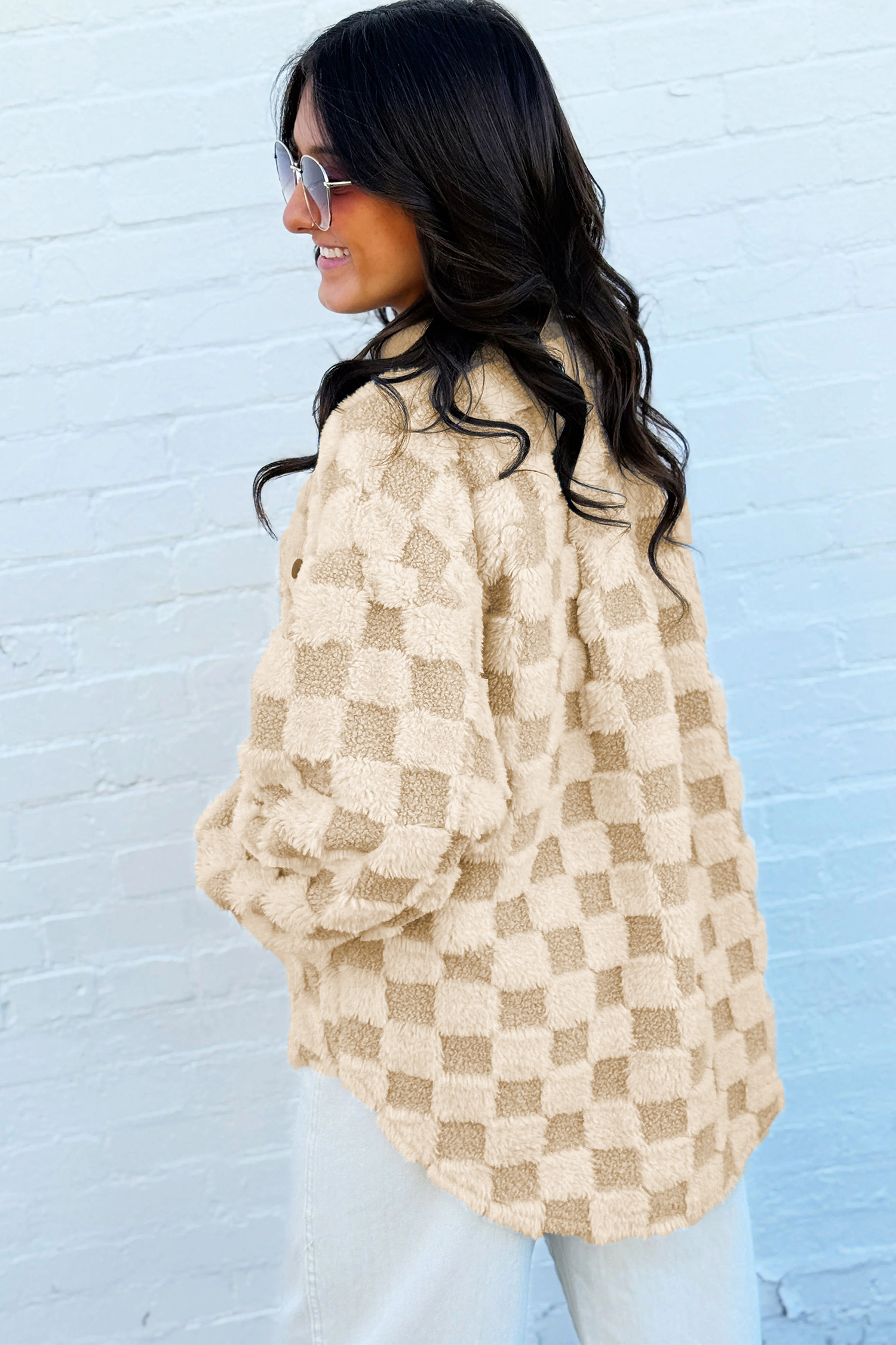 Checkered Sherpa Shacket, Casual Long Sleeve Fall Jacket - Detail View 2 Checkered Sherpa Shacket, Casual Long Sleeve Fall Jacket - Detail View 2