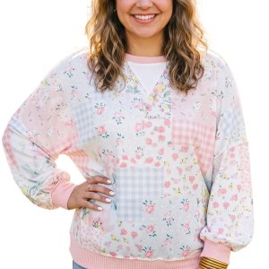 Womens Patchwork Floral Top, Casual Long Sleeve Pullover - Main View