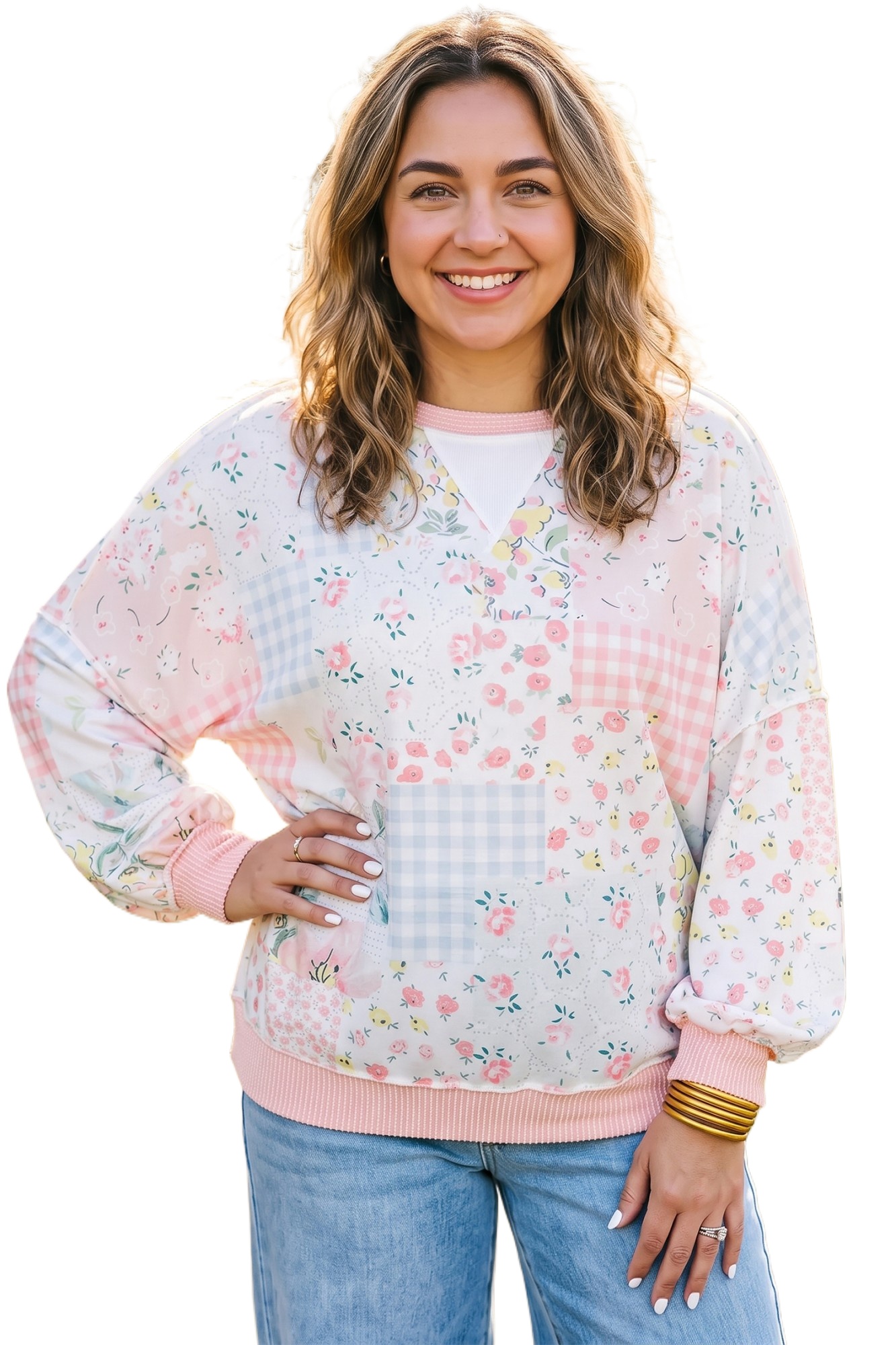 Womens Patchwork Floral Top, Casual Long Sleeve Pullover - Main View Womens Patchwork Floral Top, Casual Long Sleeve Pullover - Main View