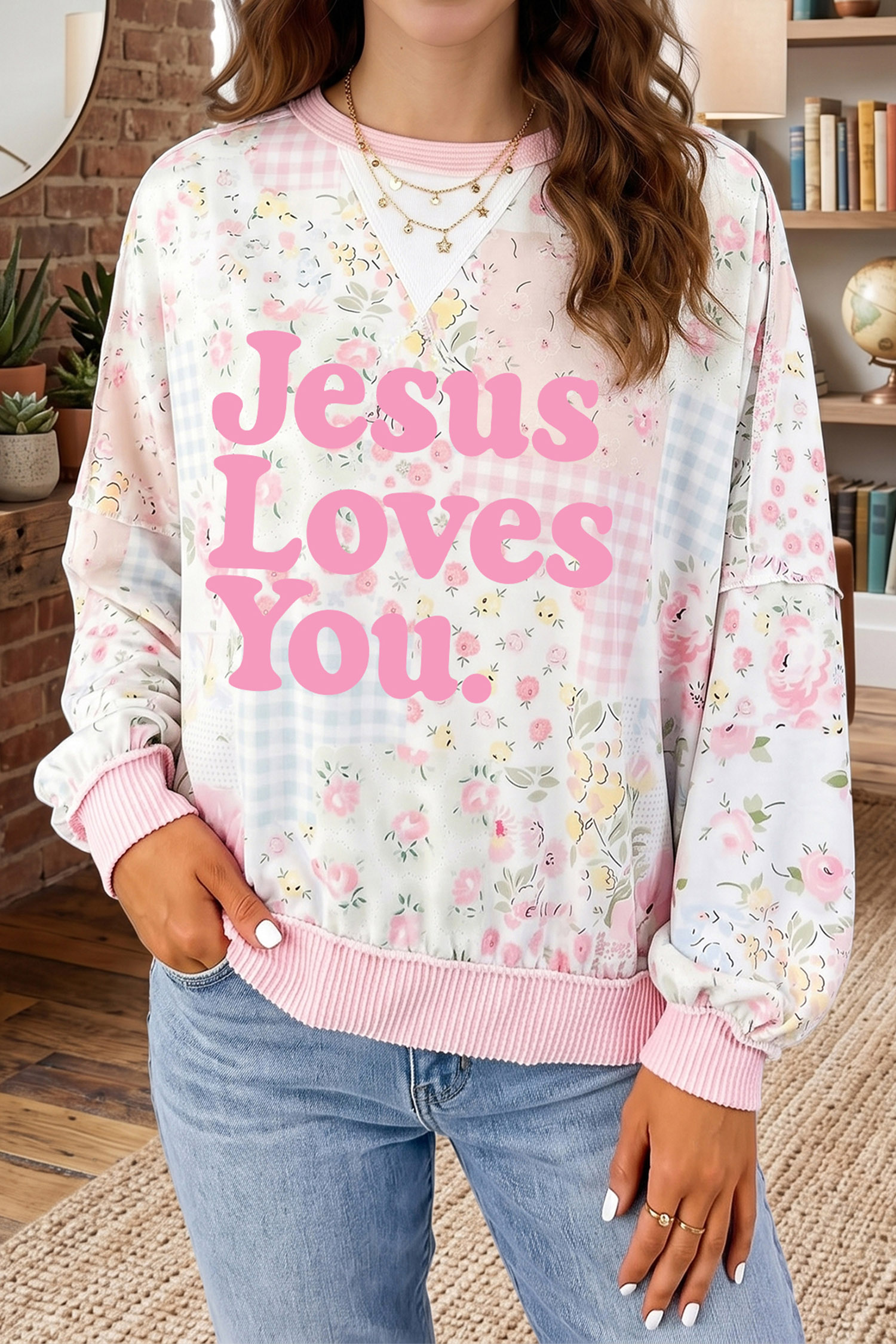 Women's Jesus Loves You Pullover, Pink Floral Patchwork Top - Detail View 7 Women's Jesus Loves You Pullover, Pink Floral Patchwork Top - Detail View 7