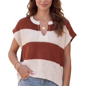 Women's Striped V Neck Sweater, Casual Knit Sleeveless Top - Main View