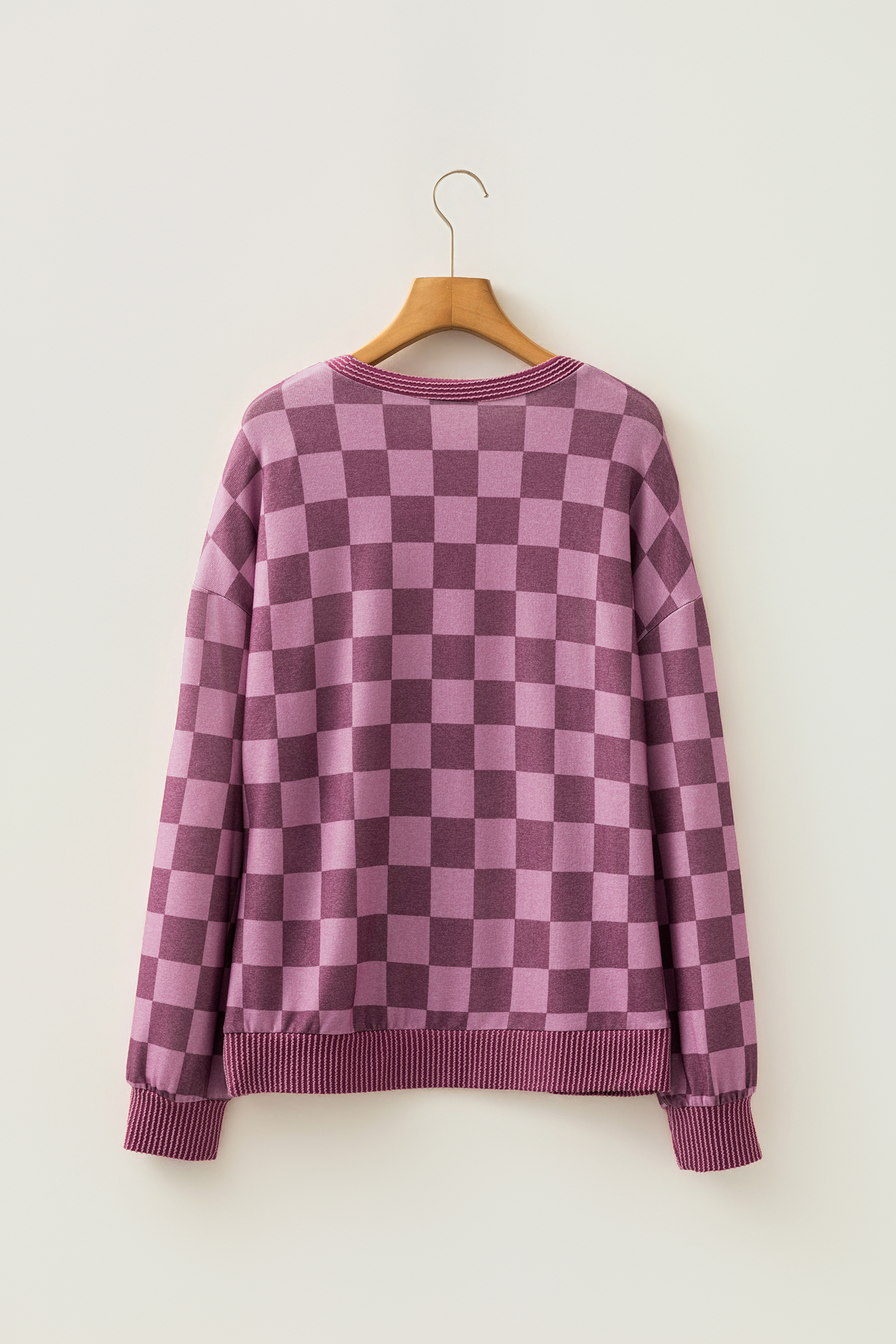 Women's Checkered Pullover, Casual Red Ribbed Trim Top - Detail View 7 Women's Checkered Pullover, Casual Red Ribbed Trim Top - Detail View 7