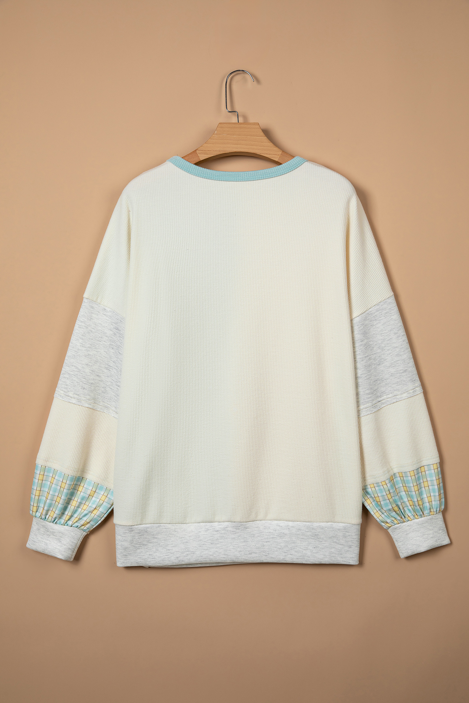 Women's Long Sleeve Corded Top, Casual Plaid Patchwork Style - Detail View 3 Women's Long Sleeve Corded Top, Casual Plaid Patchwork Style - Detail View 3