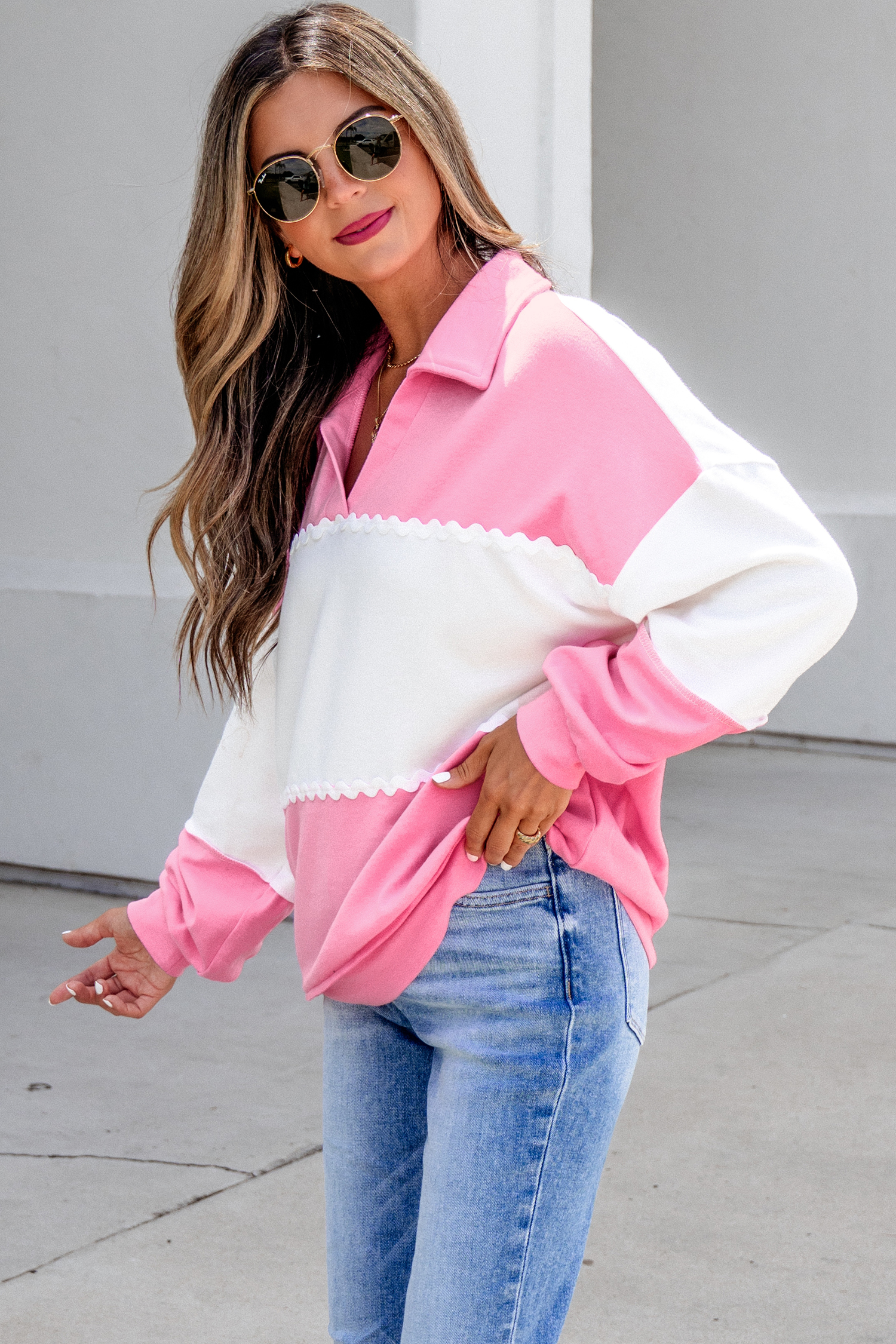 Women's Patchwork Pullover, Trendy Rick Rack Trim Collar - Detail View 5 Women's Patchwork Pullover, Trendy Rick Rack Trim Collar - Detail View 5