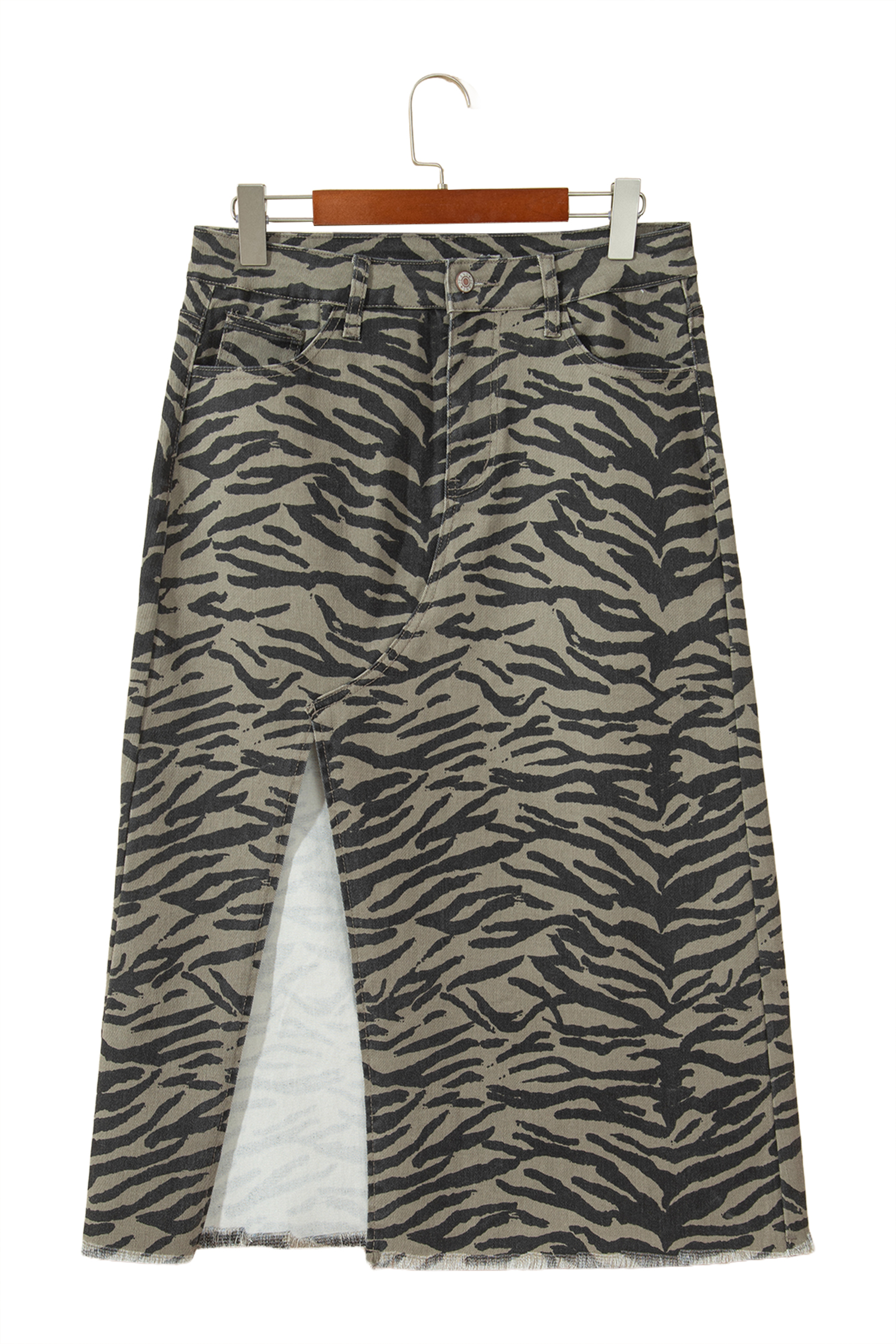 Women's Animal Print Skirt, High Waisted Denim Midi Style - Detail View 5 Women's Animal Print Skirt, High Waisted Denim Midi Style - Detail View 5