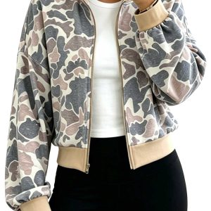 Camo Bomber Sweatshirt, Women's Casual Daily Jacket - Main View